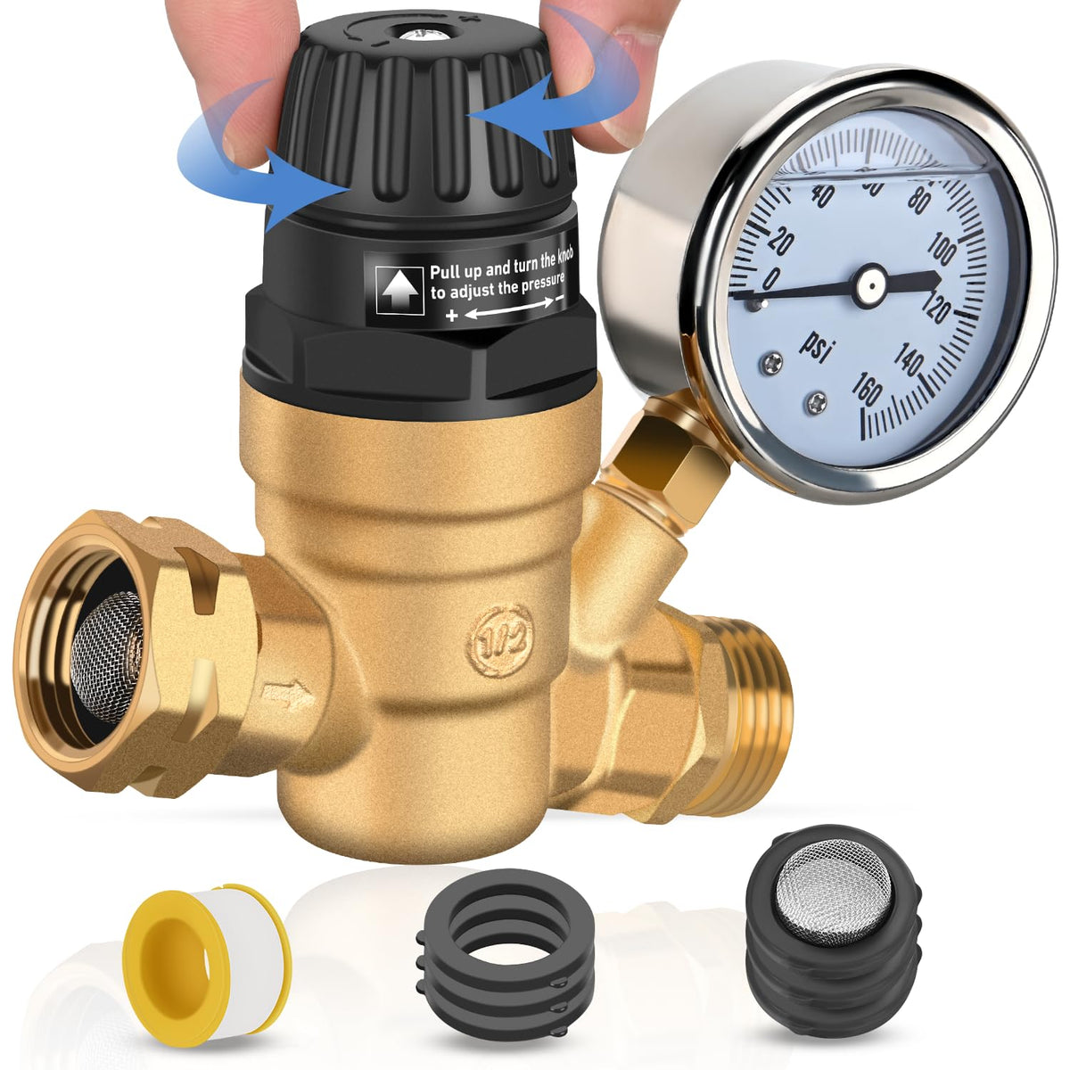 Nilight RV Water Pressure Regulator for RV Camper, Adjustable Handle Water Hose Pressure Regulator with Oil Filled Gauge and Inl
