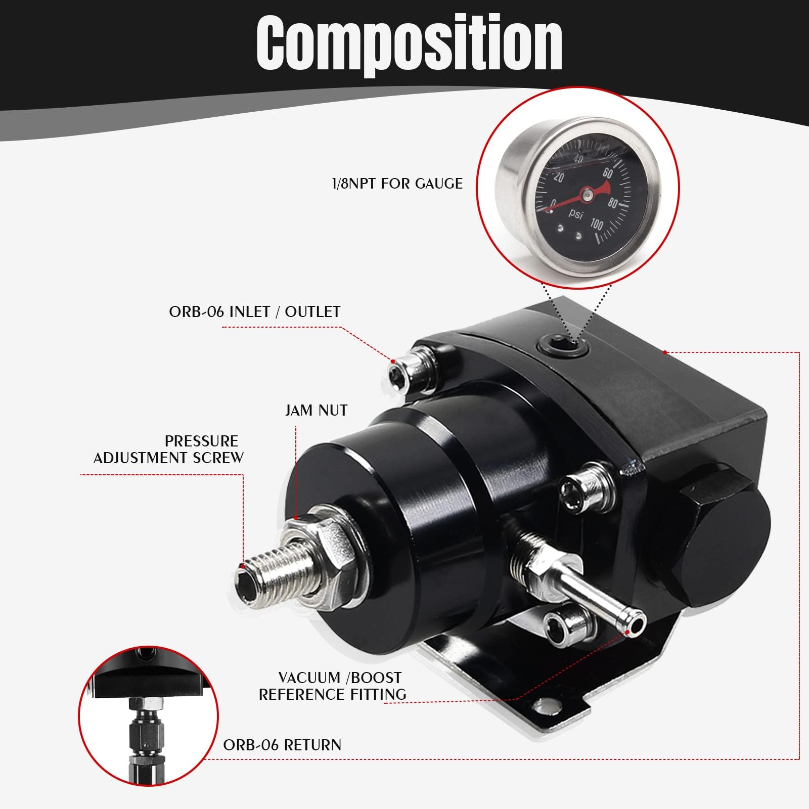 YESHMA EFI Fuel Pressure Regulator Kit 0-100psi with Gauge 6AN Fuel Line Fitting Universal Adjustable Aluminum (Black)