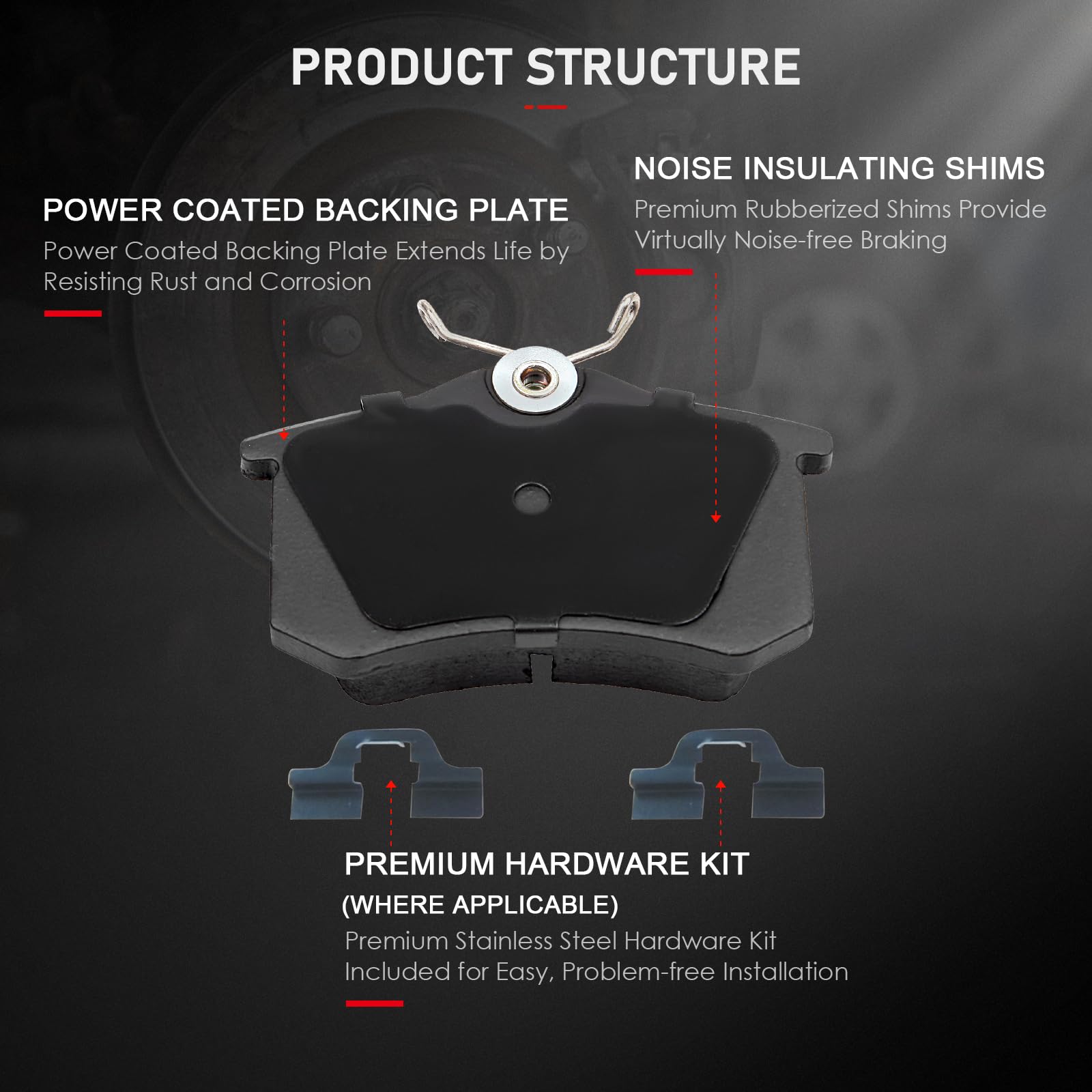 Cciyu D1017 4Pcs Rear Ceramic Brake Pads Kits 2010-2012 For Audi,2013-2019 For Volkswagen