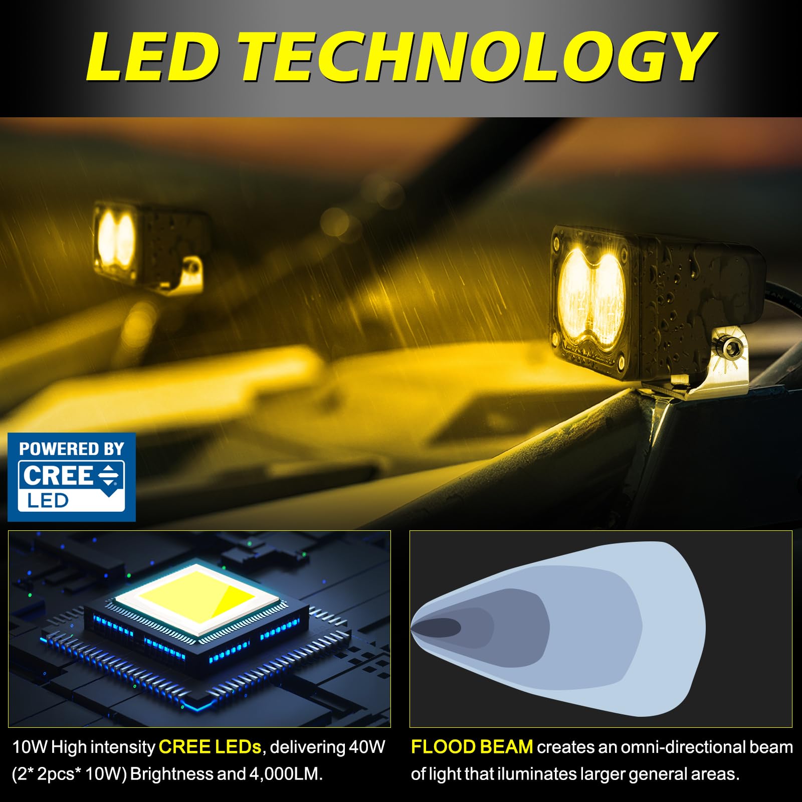 Akd Part Amber Led Pods, 3 Inch Flood Cree Led Fog Lights 40W Small Amber Chase Lights Off Road Driving Lights Ditch Lights Pods