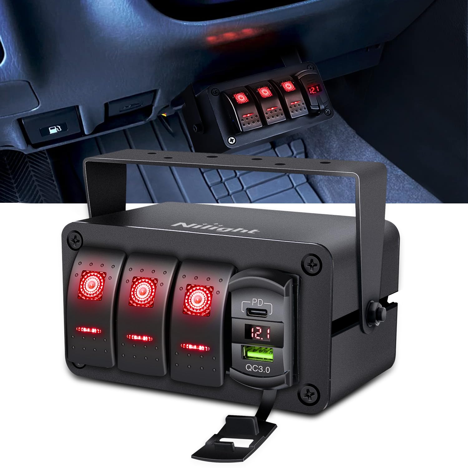 Nilight 3 Gang Rocker Switch Box 12V Spst On Off Toggle Switches Pd Type C And Qc 3.0 Usb Charger Voltmeter Led Light Waterproof