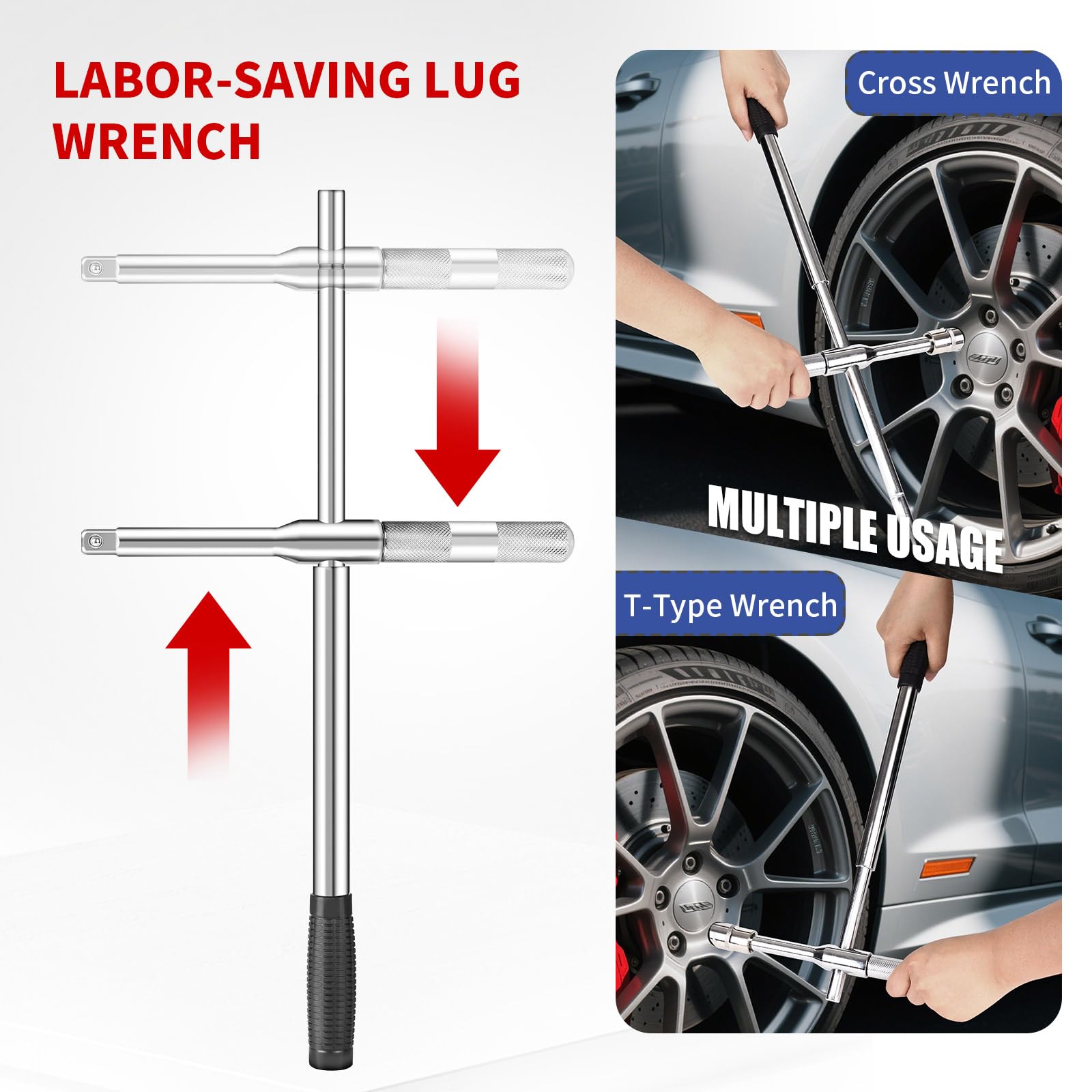 BCJCLTS Lug Wrench, 4 Way Tire Iron for Car,Tire Wrench With 1/2-Inch Drive and 2PCS Standard Sockets (17 mm/19 mm, 21 mm/23 mm)