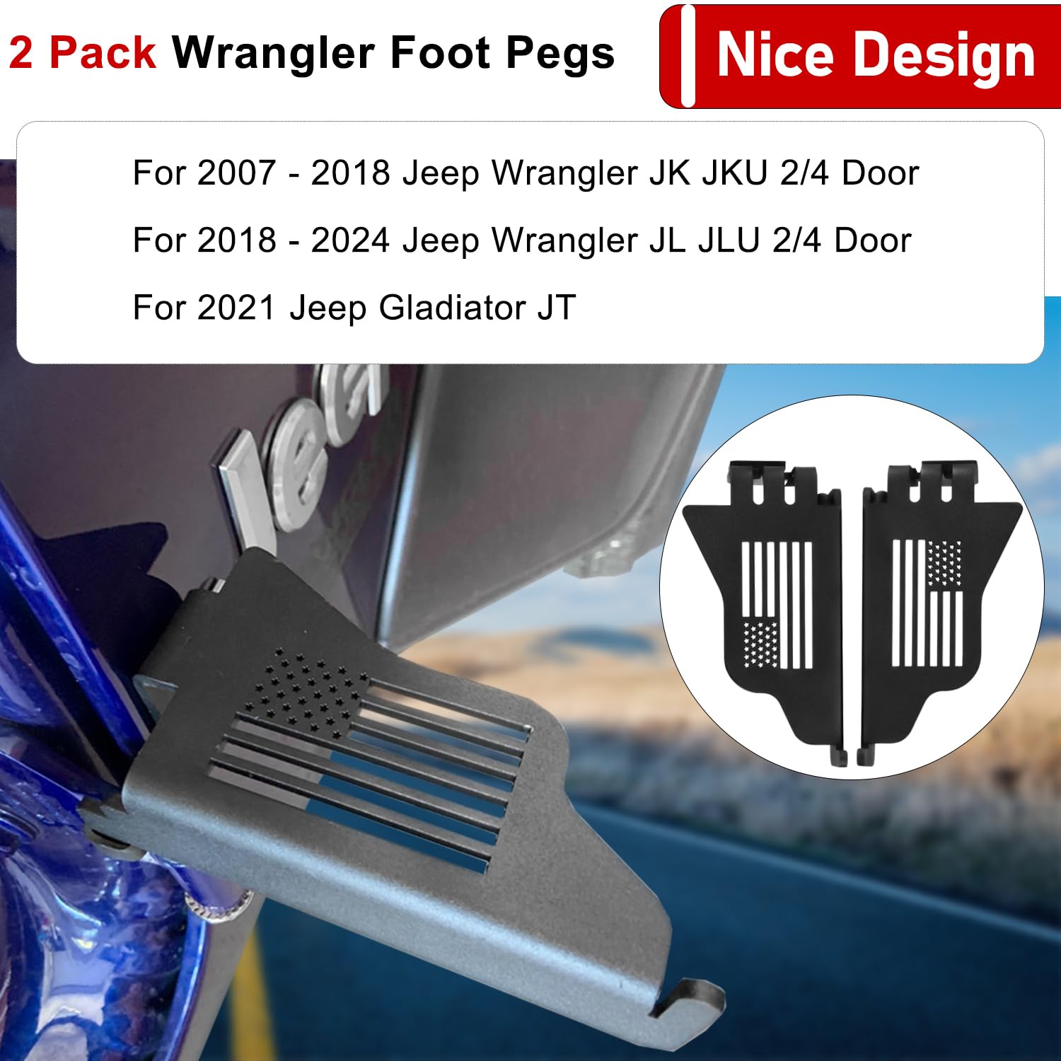 Wrangler Foot Pegs For Jeep Wrangler Jk Jl Gladiator Jt 2007 To 2024, Exterior Door Hinge Metal Powder Coating Rest Pedals With