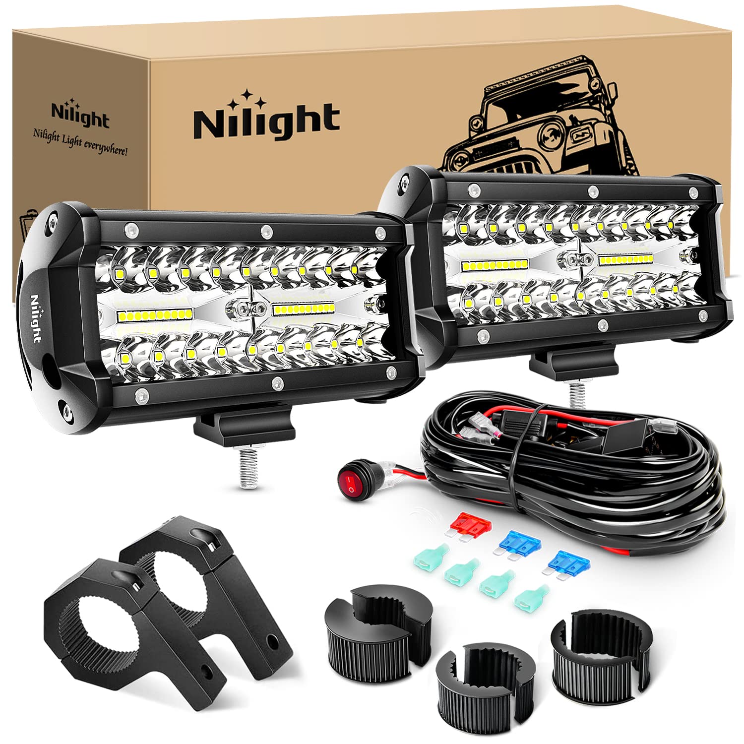 Nilight 6.5Inch 2Pcs 120W Spot Flood Combo Bar Driving Waterproof Off Road Led Light With Mounting Bracket Kit Wiring Harness-2