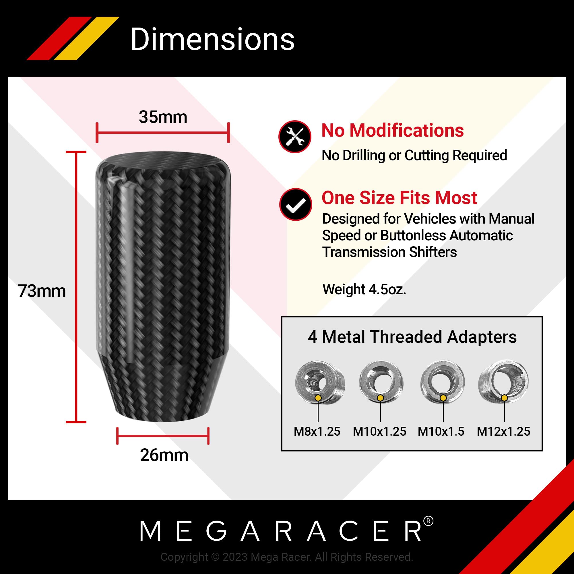 Mega Racer 7 Cm Real Carbon Fiber Shift Knob - For Buttonless Automatic & 4, 5 And 6 Speed Manual Transmission Vehicles, 100% Ca