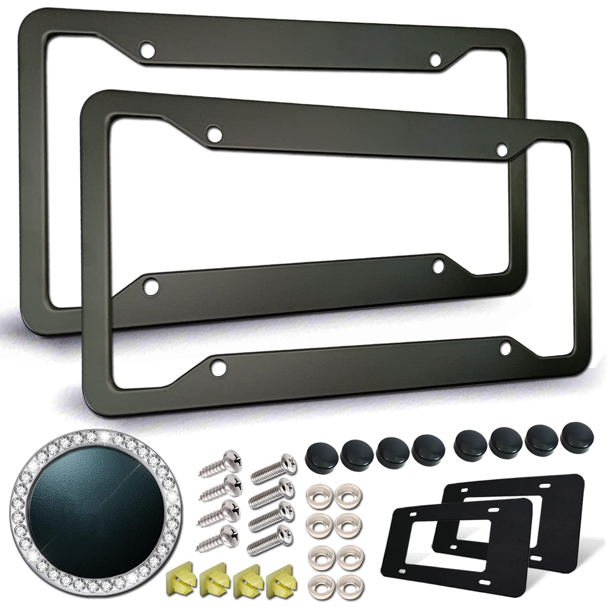 Youoy Matte Black License Plate Frames- Rustproof Aluminum Metal Car Tag Cover, 2 Pack Front Rear Slim Holder With Mounting Blac