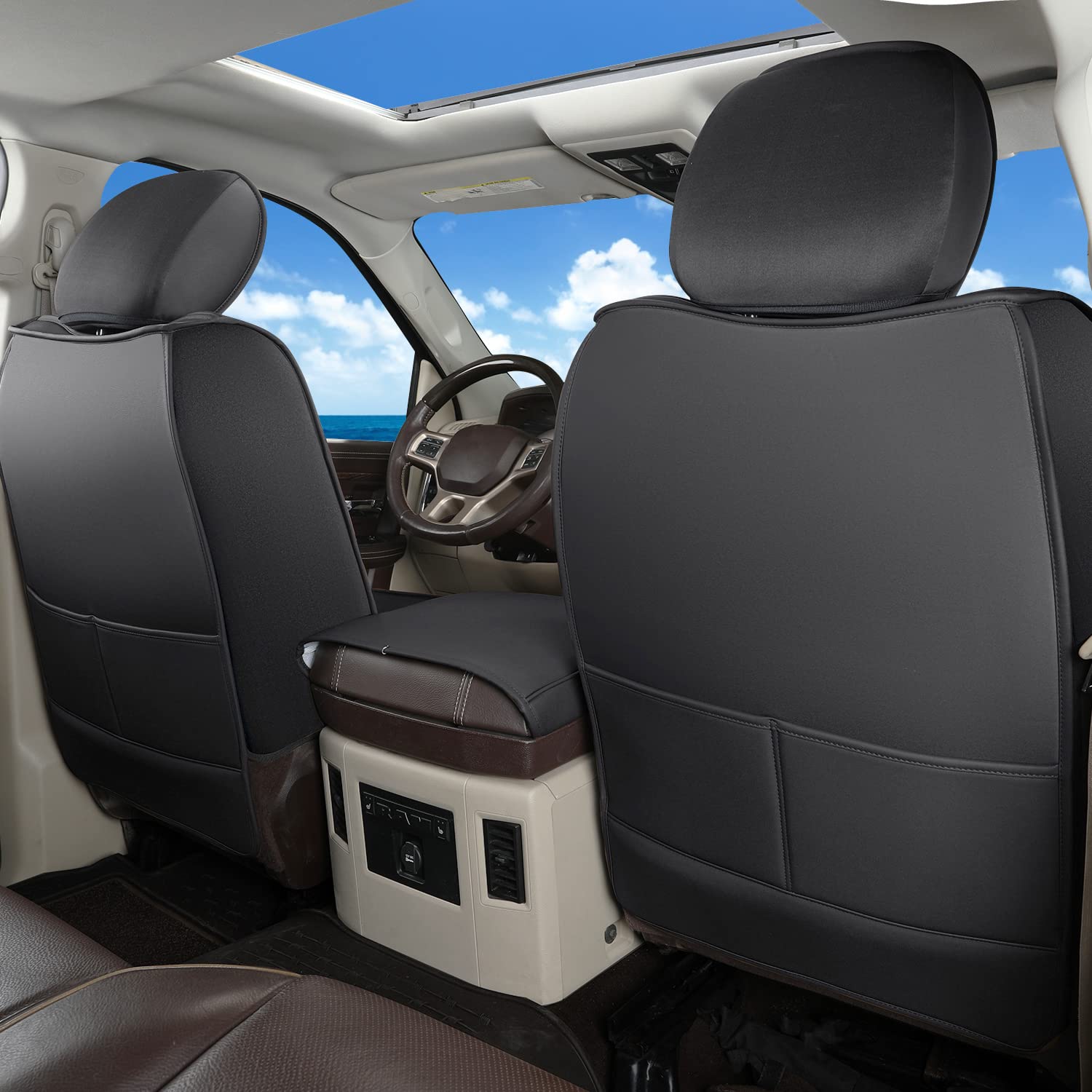 Truckiipa Dodge Ram Seat Covers Full Set, Full Coverage Luxury Car Seat Covers Waterproof Leather Protector Pickup Truck Accessories, Custom Fit For 2002-2023 Ram 1500 2500 3500 Crew Mega Cab