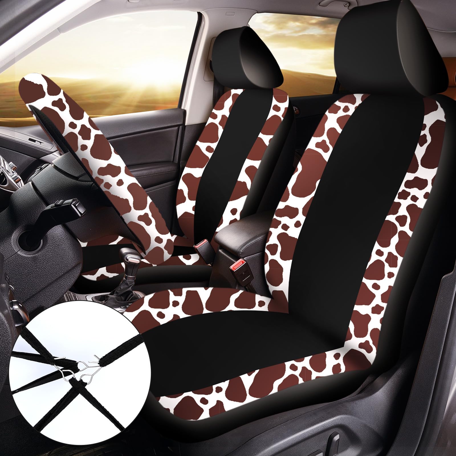 Frienda 13 Pcs Cow Print Car Seat Cover Full Set for Women Men Print Car Accessories Rubber Steering Wheel Armrest Pad Cover Sea