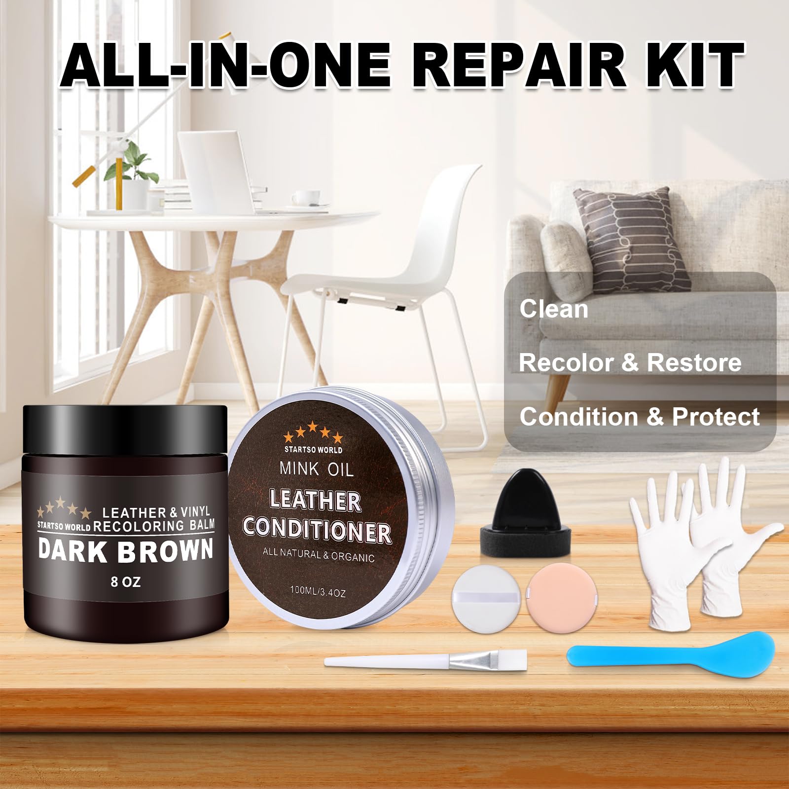 STARTSO WORLD Dark Brown Leather Recoloring Balm & Conditioner with Mink Oil - Repair Kit for Couches, Car Seats, Shoes & Vinyl