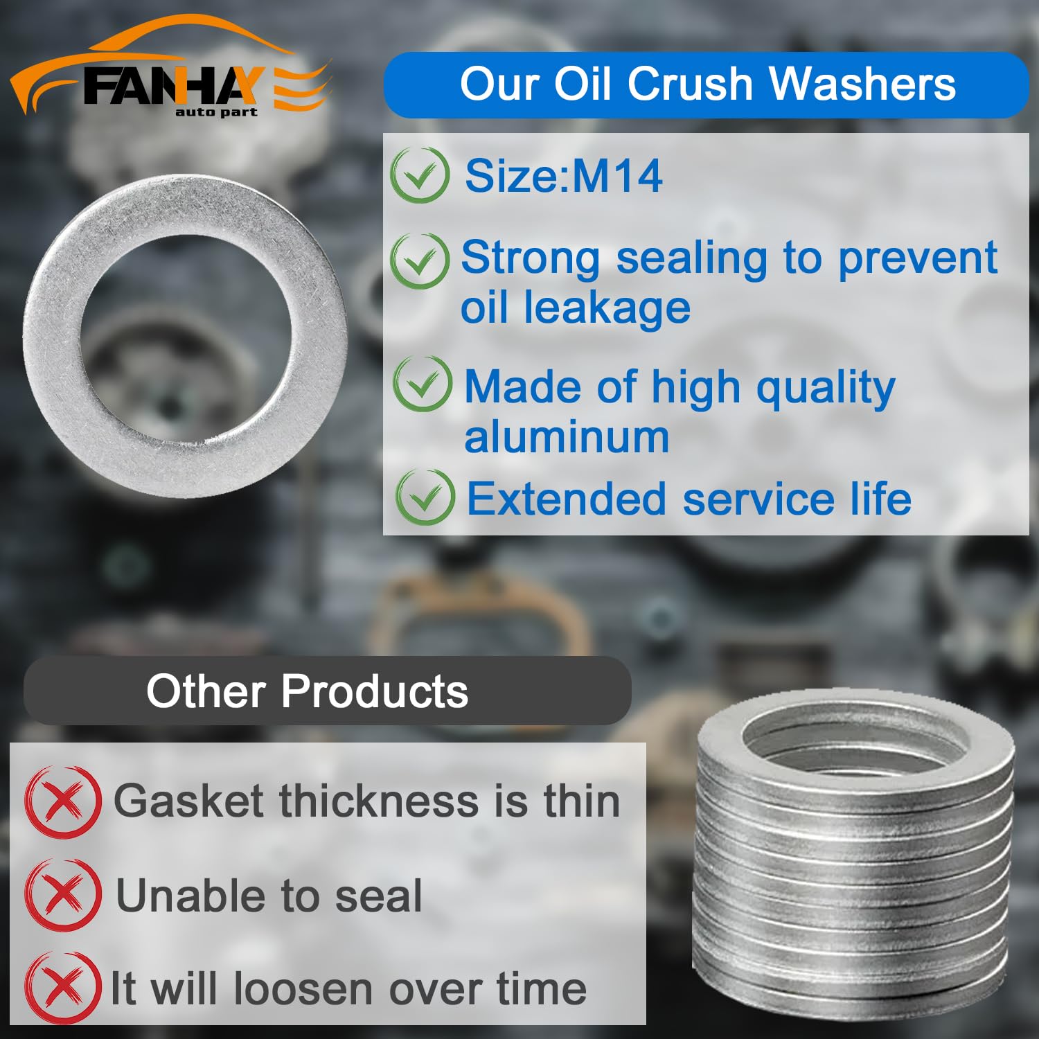 FANHAY 94109-14000 Oil Crush Washers/Drain Plug Gaskets Washers Seals Rings for Honda Civic Ridgeline Odyssey CRV CR-V Pilot Rea