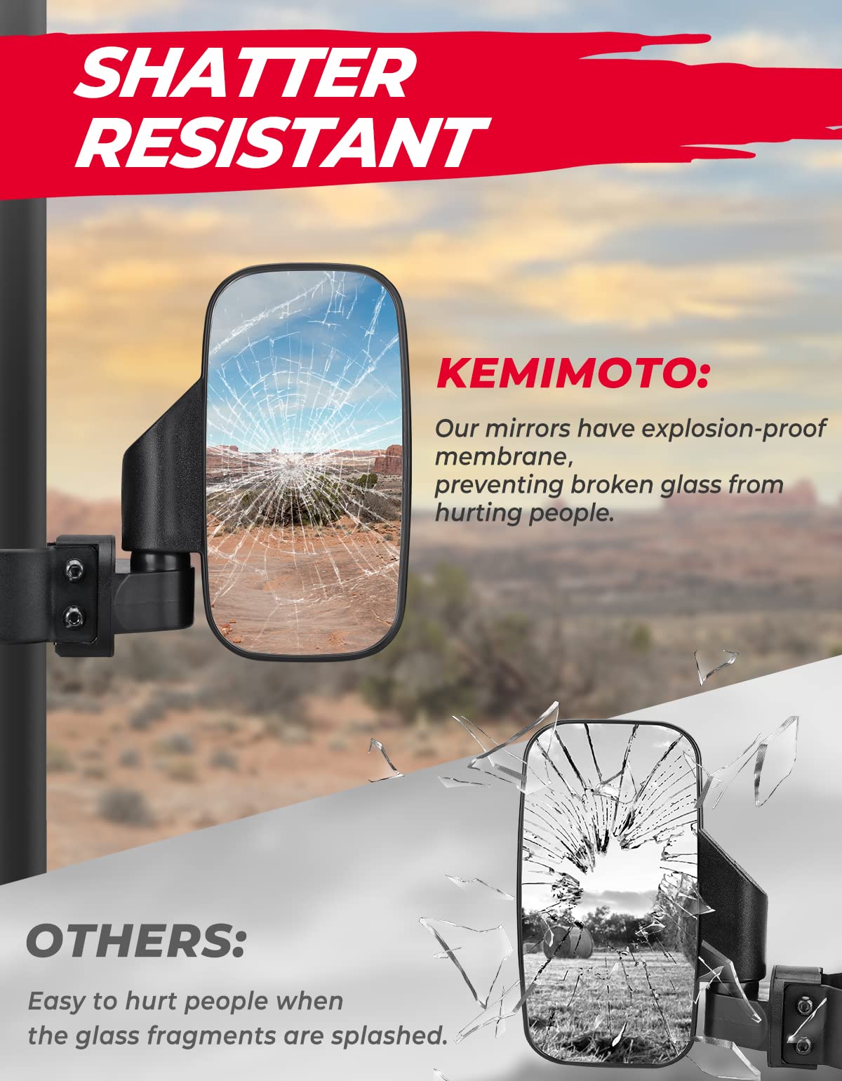KEMIMOTO UTV Mirrors UTV Side Mirrors Fits 1.6 inch to 2 inch Roll Cage Compatible with Polaris RZR 900 1000 Can Am Kawasaki Mule Rhino YXZ Zforce Pioneer, Shatter Proof Tempered Glass