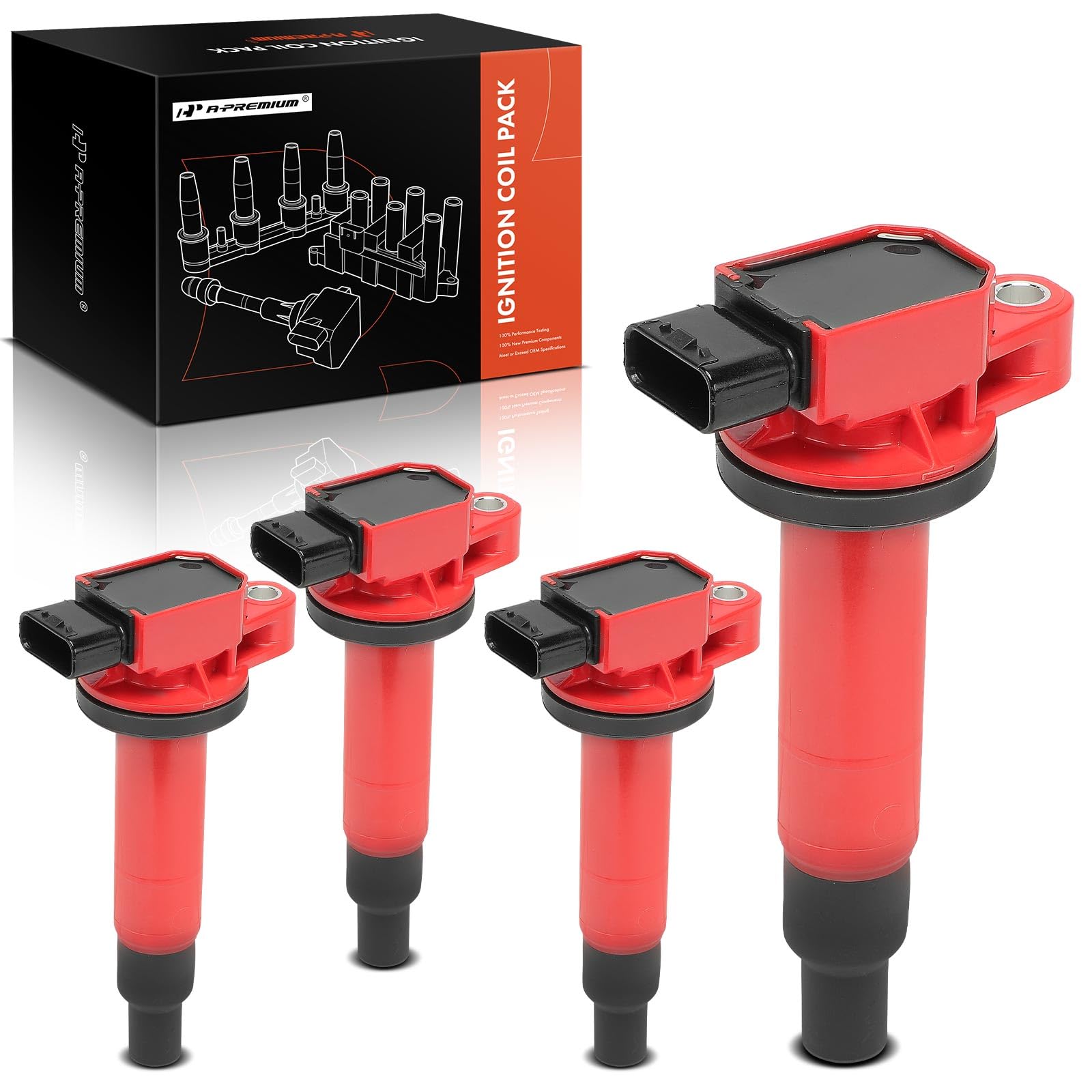 A-Premium (Red) Engine Ignition Coil Pack Compatible With Toyota Prius 2001-2009, Prius C 2012-2019, Yaris 2006-2018, Echo 2000-
