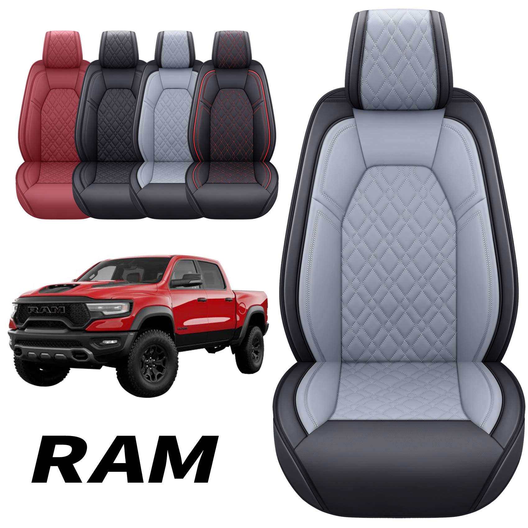 Aierxuan Dodge Ram Seat Covers Custom Fit 2009-2024 1500 2500 3500 Pickup Truck Crew Double Quad Regular Cab Waterproof Leather Front Car Cushions(2 Pcs Front, Black-Gray)