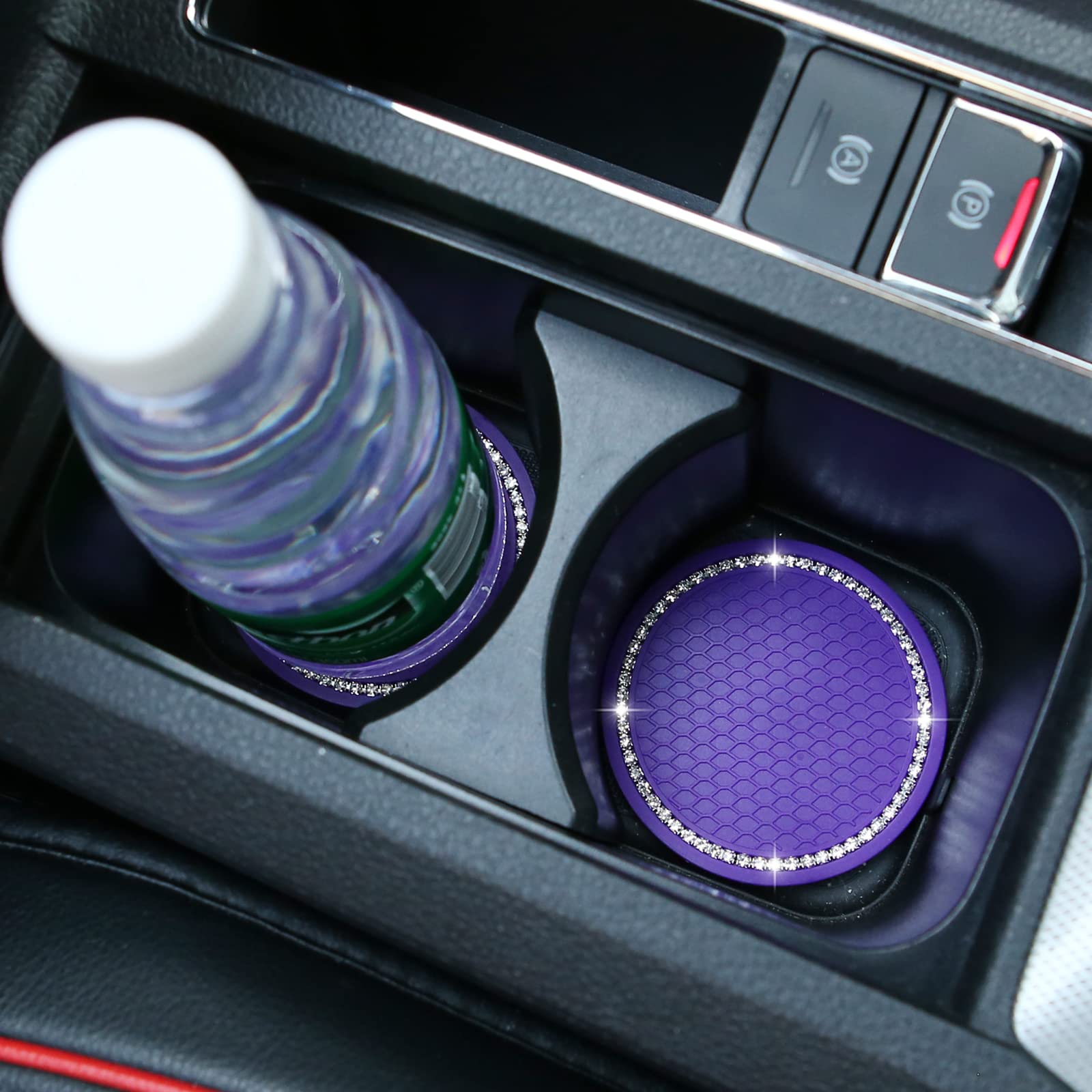 2 Pack Bling Car Cup Coasters Universal - 2.75 Inch Silicone Anti Slip Crystal Rhinestone Rubber Pad Set Round Auto Drink Coaste
