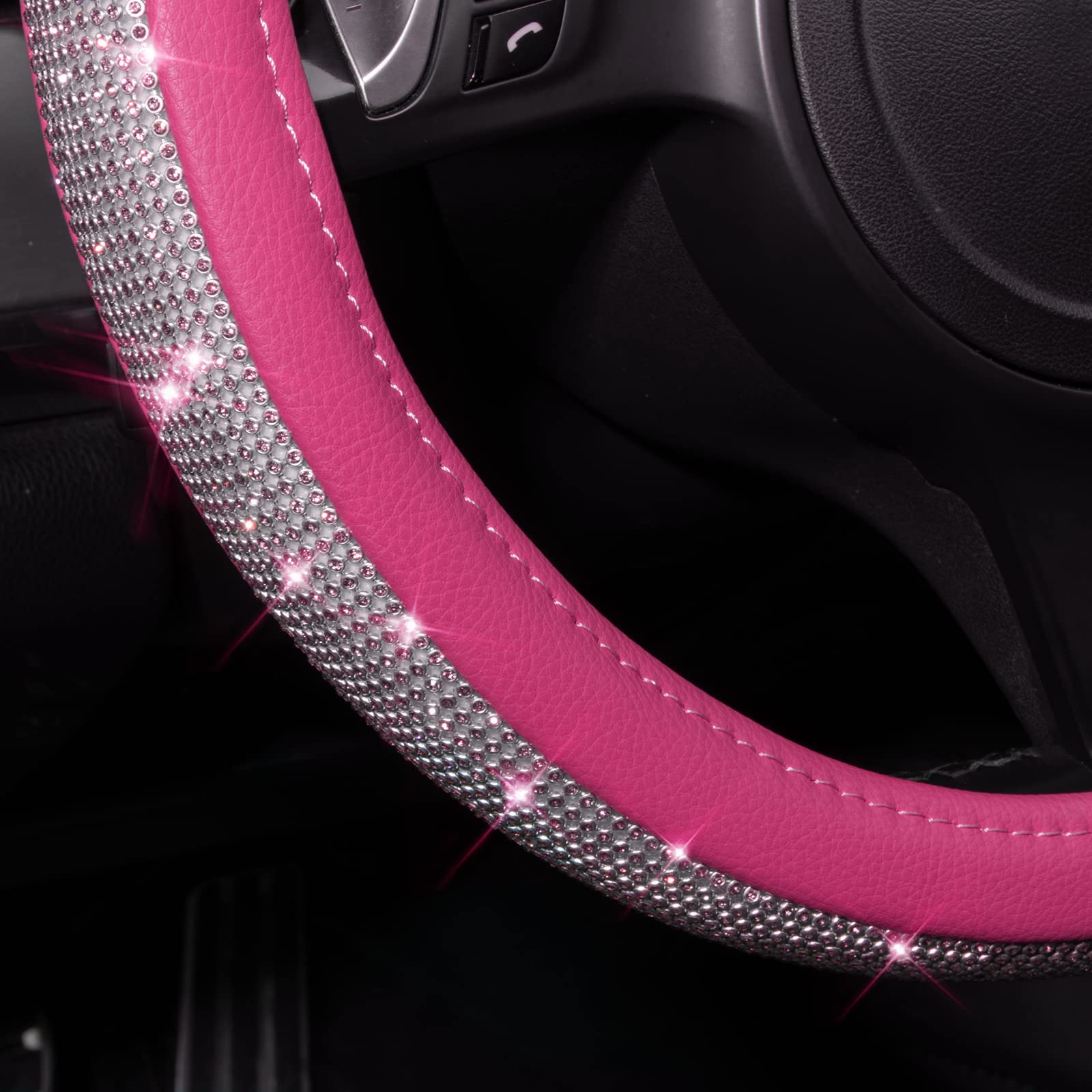Car Pass Diamond Pink Leather Steering Wheel Cover, With Bling Crystal Rhinestones Universal Fit 14 1/2-15 Crystal Glitter For Women Sparkle Girl Fit Suvs,Vans,Sedans,Cars,Trucks, Pink Diamond