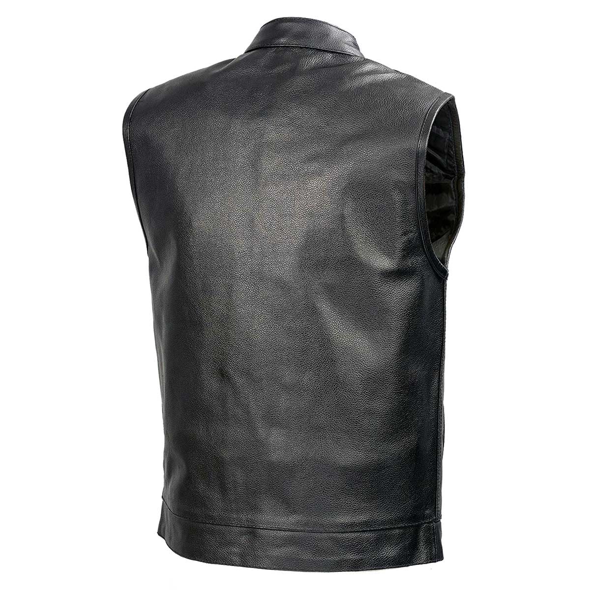 Soa Mens Leather Club Style Vest W/Gun Pockets, Leather Biker Vest (Black, M)