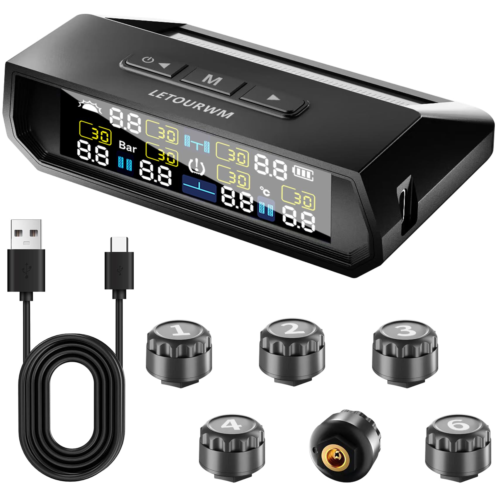 RV Tire Pressure Monitoring System -TPMS 2025 Upgrade Tire Pressure Monitor with 6 Sensors,Solar Charge & USB Type-C Color LCD D