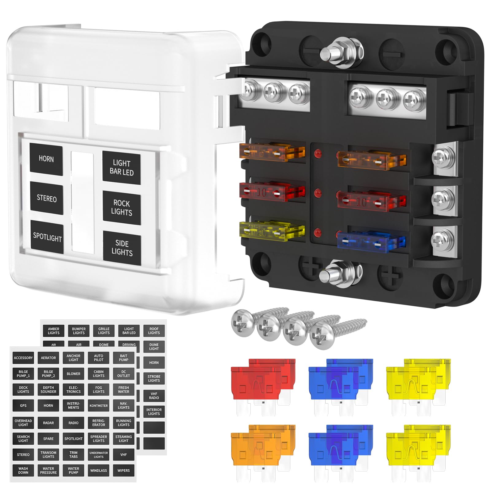 DaierTek 12V Fuse Block 6 Way with LED Indicator Light 12 Volt Fuse Box ATO/ATC Marine Fuse Panel Waterproof 24V for Automotive 