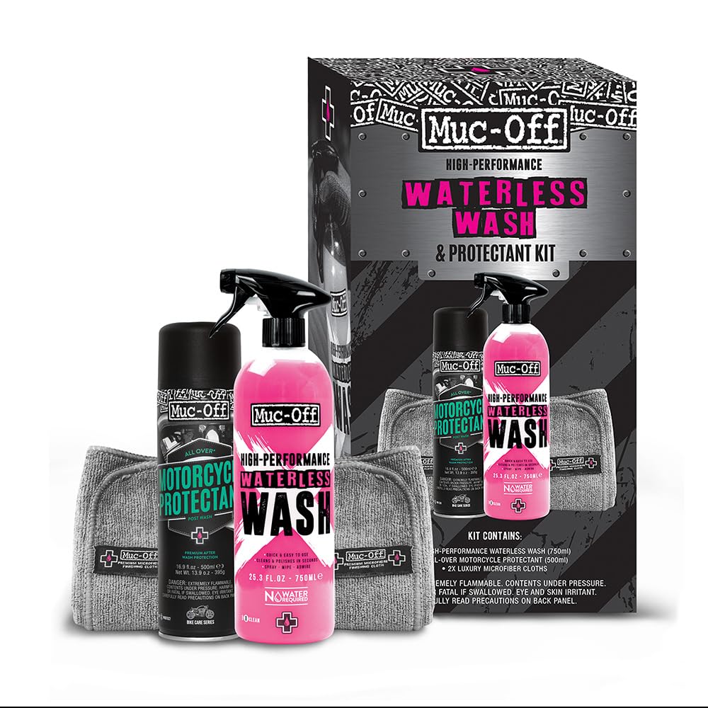 Muc-Off Motorcycle Waterless Wash & Protectant Kit - Motorcycle Cleaning Kit, Motorcycle Detailing Kit - Includes Waterless Wash And Protection Spray