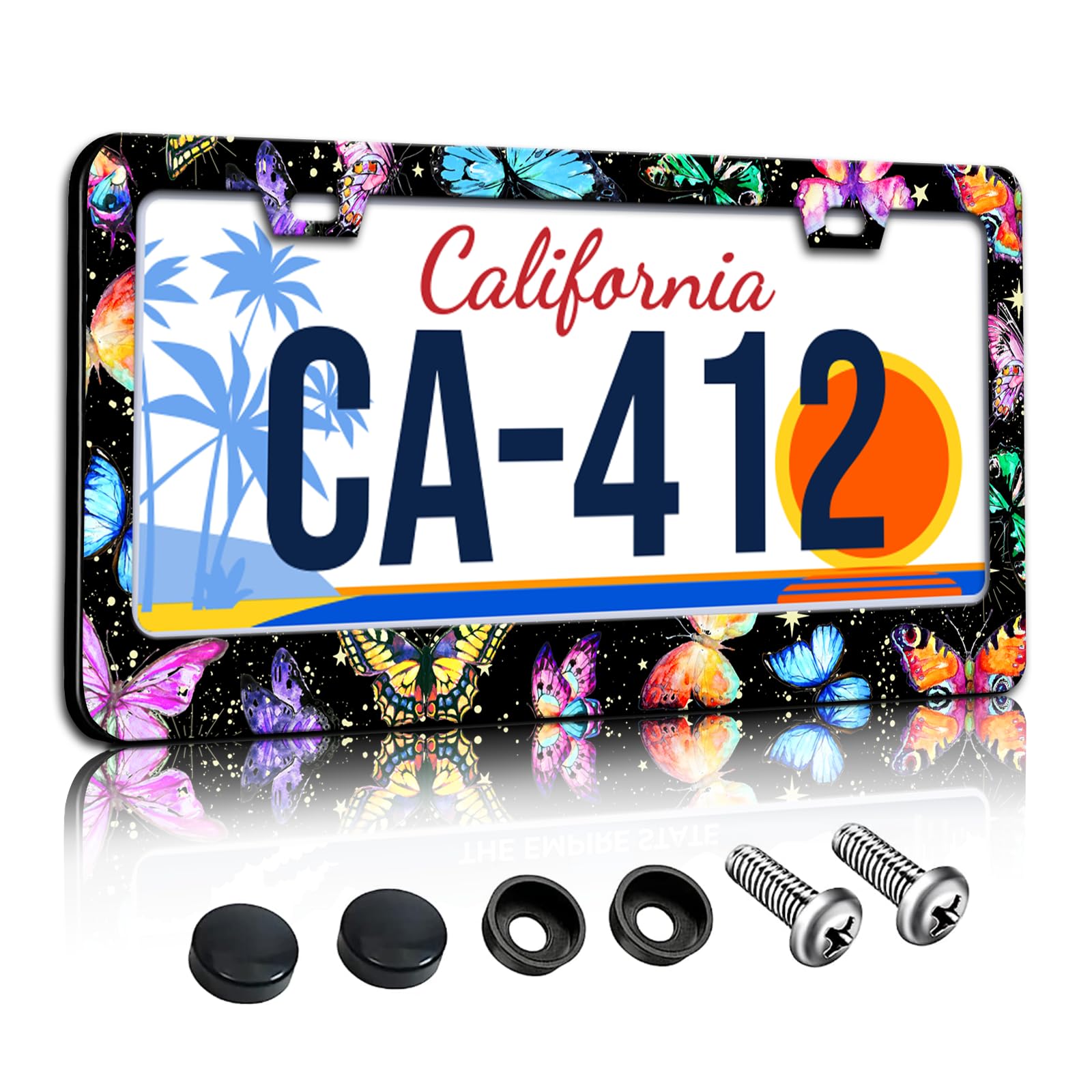 Colorful Butterflies License Plate Frames Watercolor Animal Insect License Plate Holder for Car Decor Parts Personalized Stainle