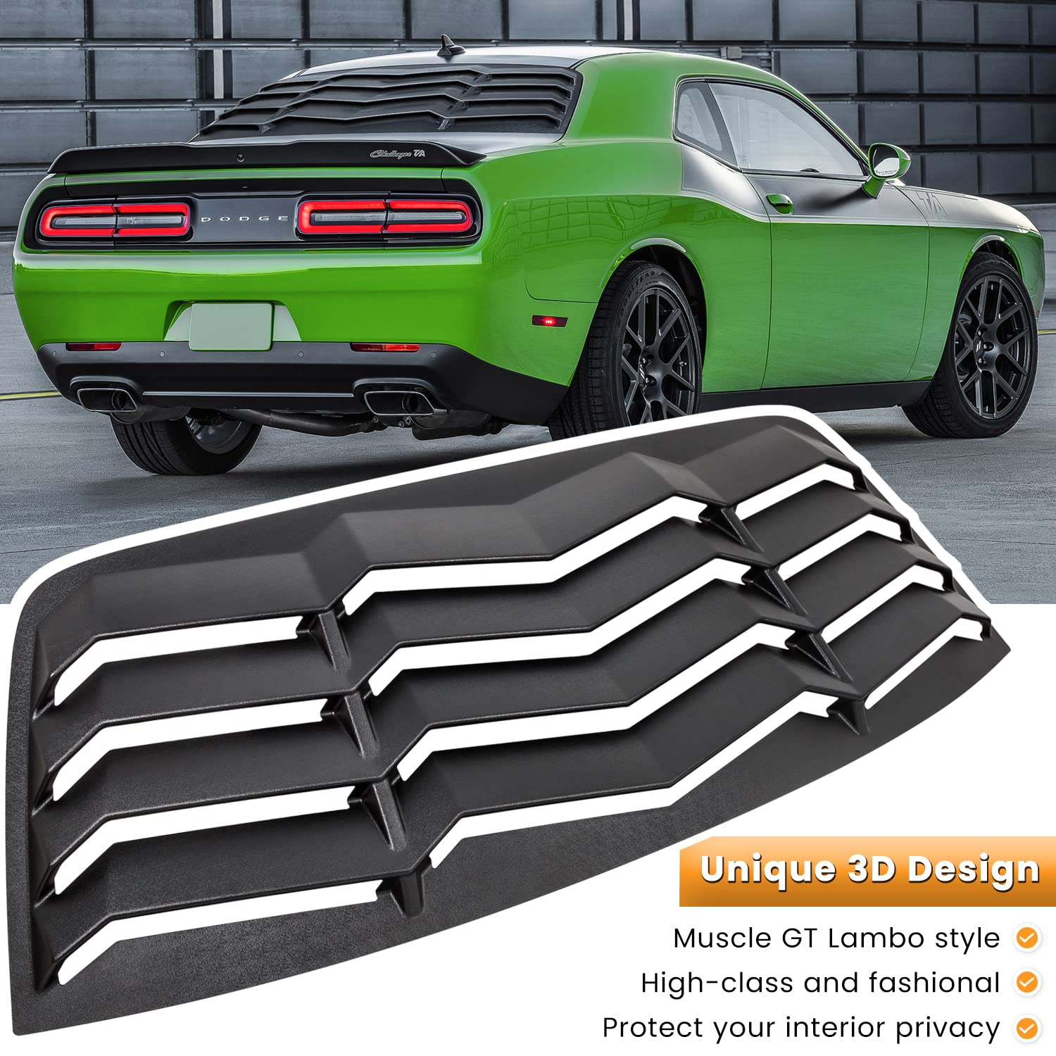 E-cowlboy Rear Window Louvers for Dodge Challenger 2008-2023, Matte Black ABS Sun Shade Cover, GT Lambo Style, All Weather