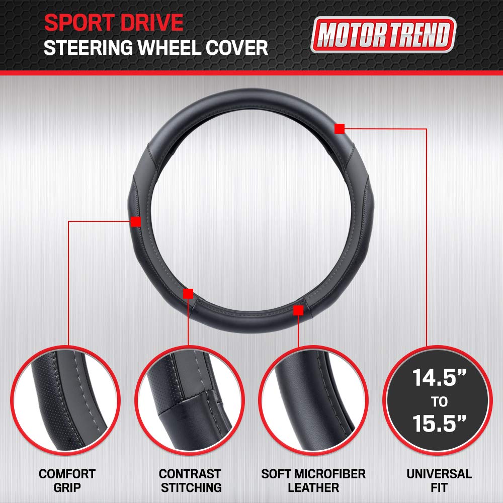 Motor Trend Sportdrive Faux Leather Steering Wheel Cover, Standard 15 Inch Size, Two-Tone Black & Dark Gray, Car Steering Wheel Cover For Truck Van Suv Auto
