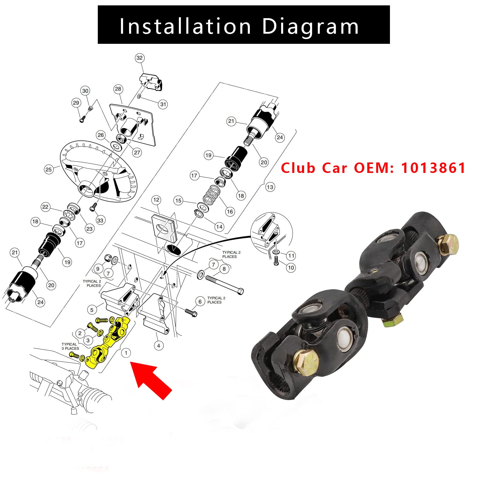 Drive-Up Club Car Ds Steering Joint, Steering Joint For Club Car Ds 1984-Up Golf Carts, Golf Cart Shaft Intermediate Steering Join Oem 1013861