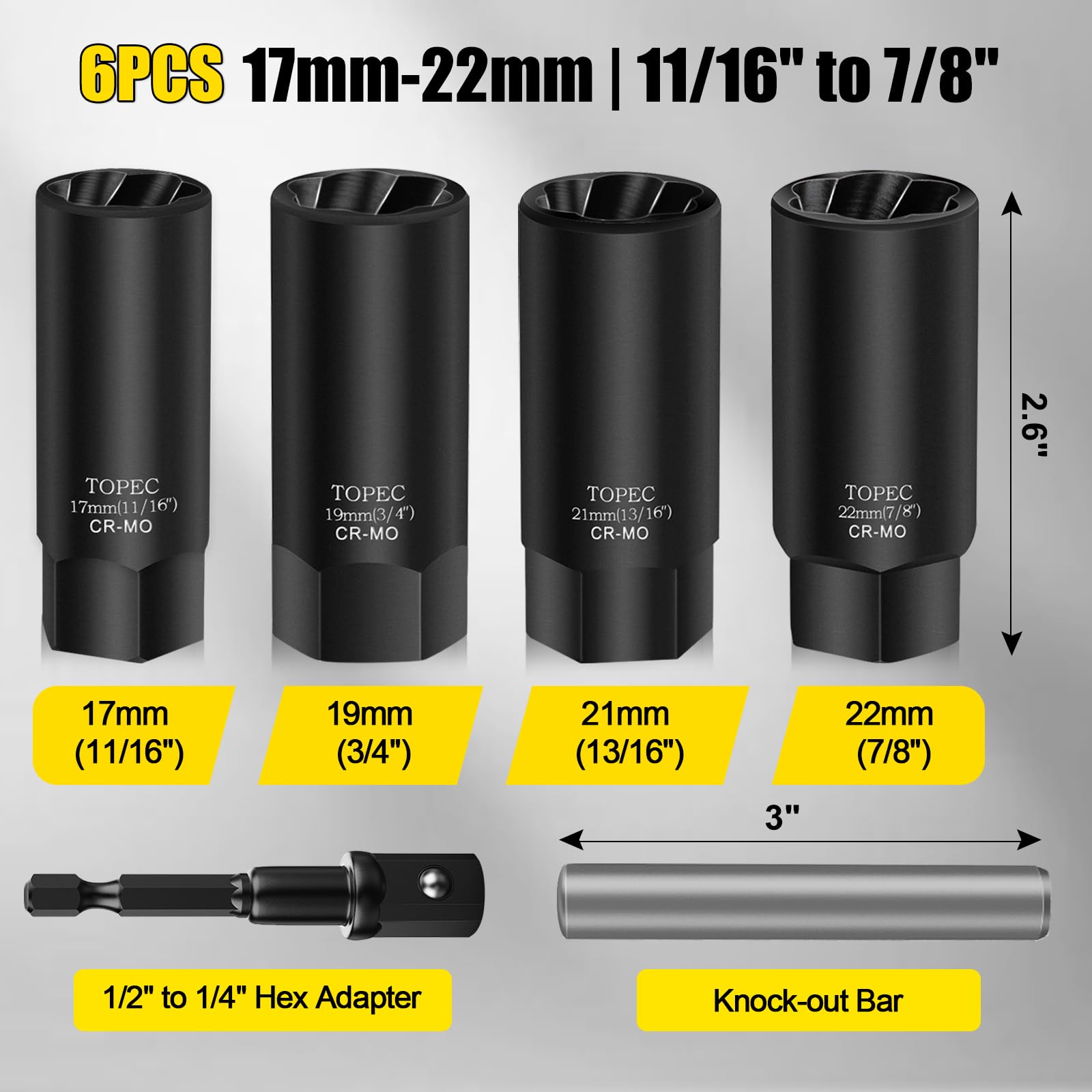 Topec 6PCS Deep Lug Nut Removal Tool, 1/2'' Drive Lug Nut Extractor Set, 17-22mm Wheel Lock Removal Kit, Spark Plug Extractor So