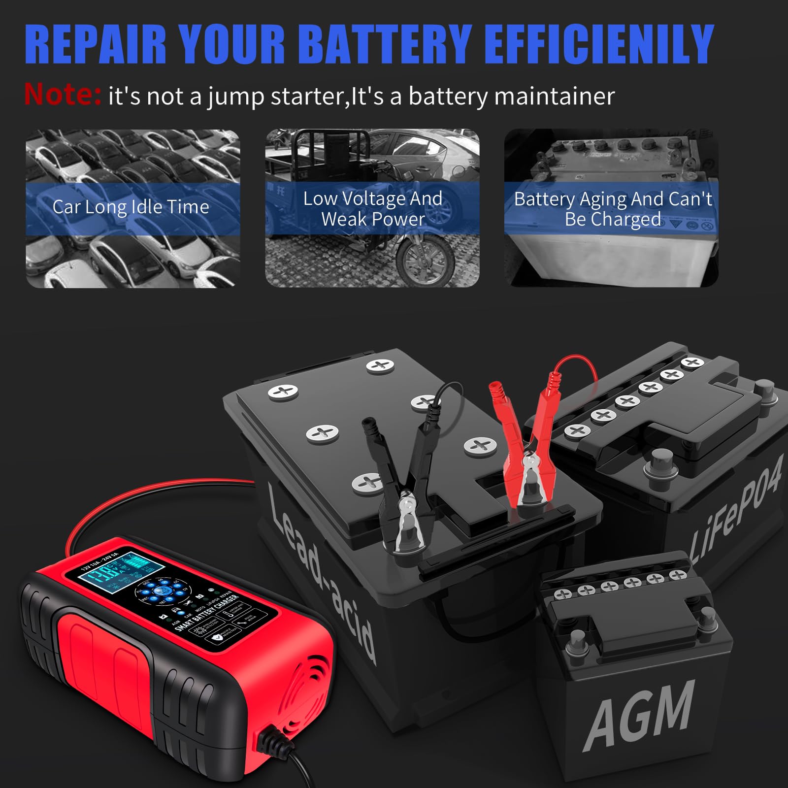 E-Fast Battery Charger, 10A Lifepo4 Lead Acid Car Battery Charger, Upgraded Automobile Trickle Charger 12/24V, All In 1 Battery Maintainer, For Truck Motorcycle Agm Lawn Mower Boat Marine Batteries