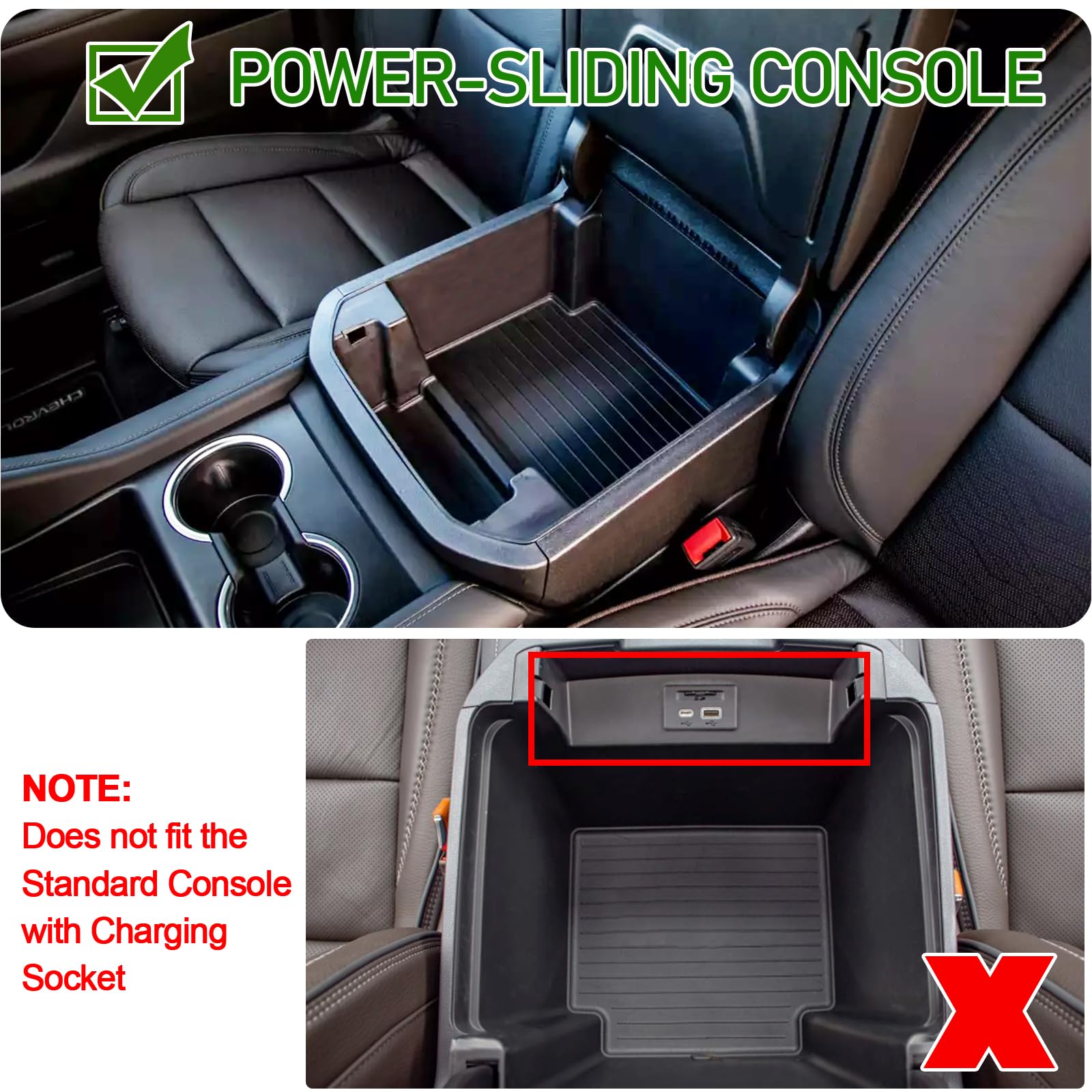 TOPINSTALL Power Sliding Console Tray for 2021-2026 Chevy Tahoe/Suburban/GMC Yukon, Black ABS Armrest Organizer