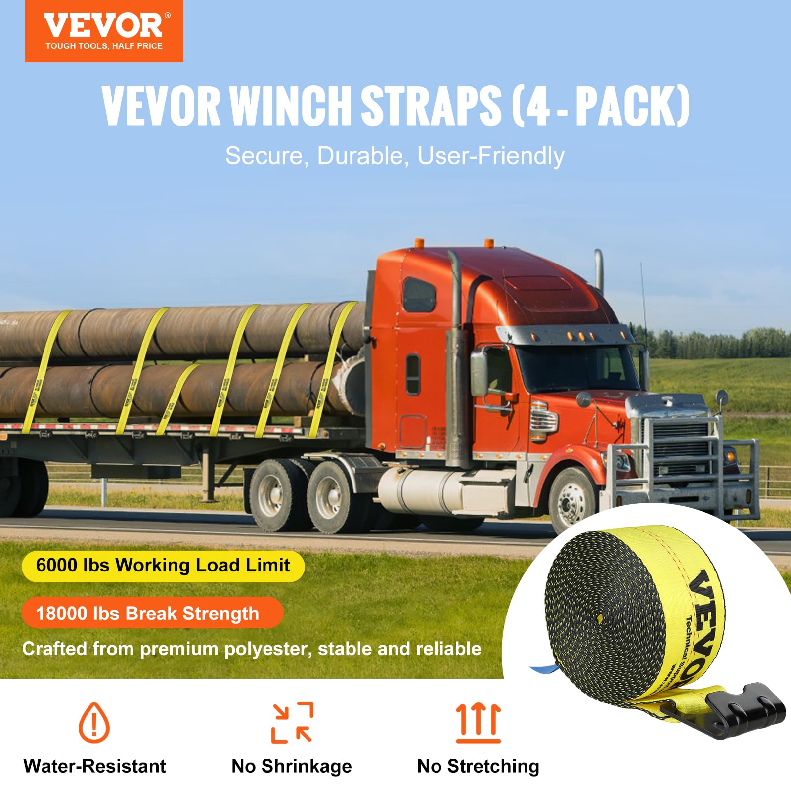 VEVOR Truck Straps, 4 x 30' Heavy Duty Tie Down w/Flat Hooks 18,000lbs Break Strength, WLL# 6000lbs, Cargo Straps tie Down for