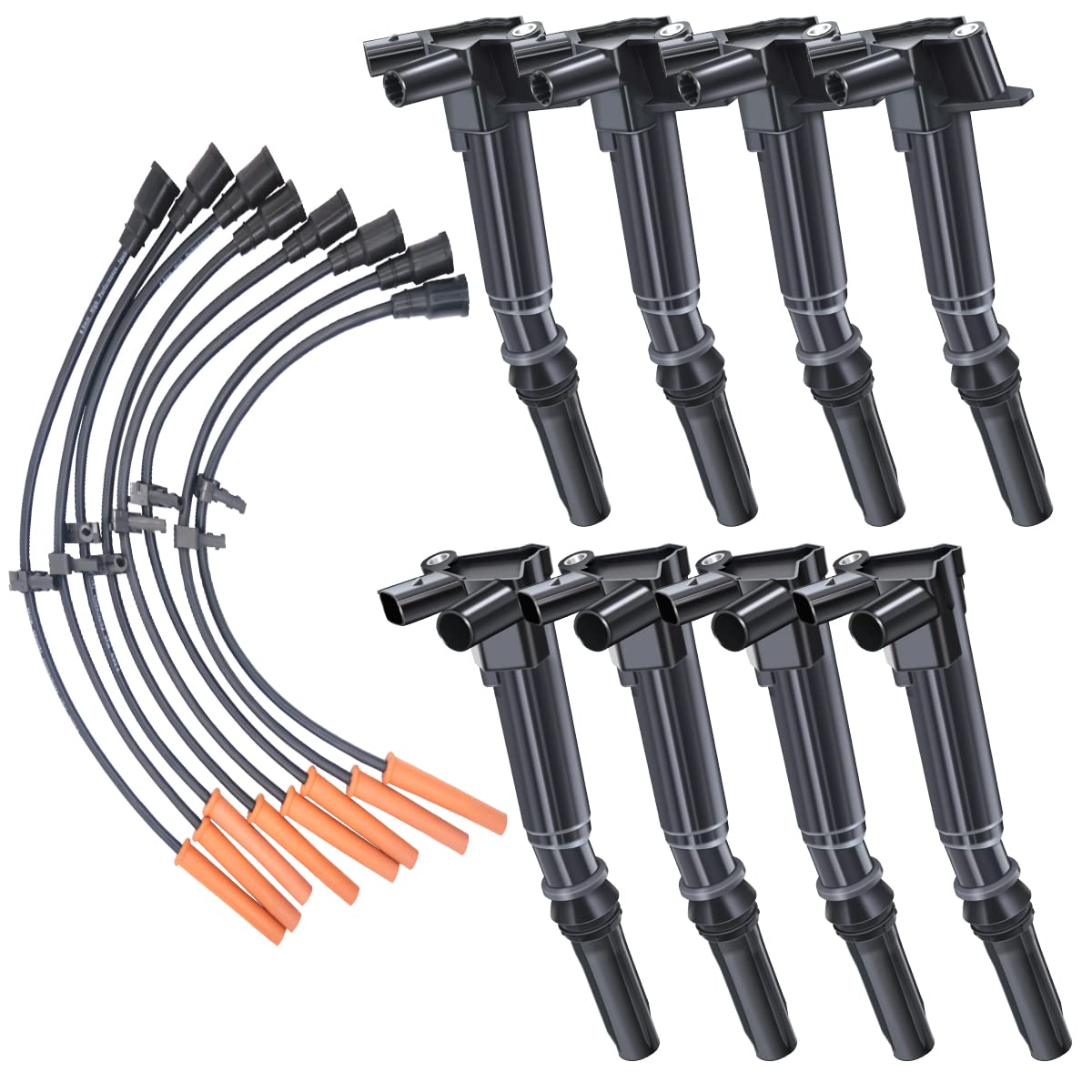 MAS Set of 8 Ignition Coils Pack & Wires Set Compatible with Ford F150 F250 F350 E350 Super Duty Lobo 6.2L V8 Replacement for UF