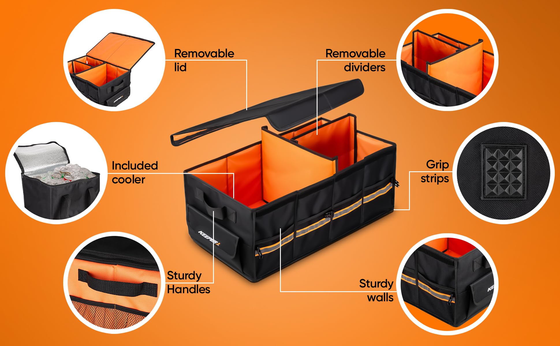 KEEPER Extra Large Trunk Organizer with Cooler, 70L, Multi-Compartment Collapsible Car Organizers and Storage, Non-Slip Bottom,