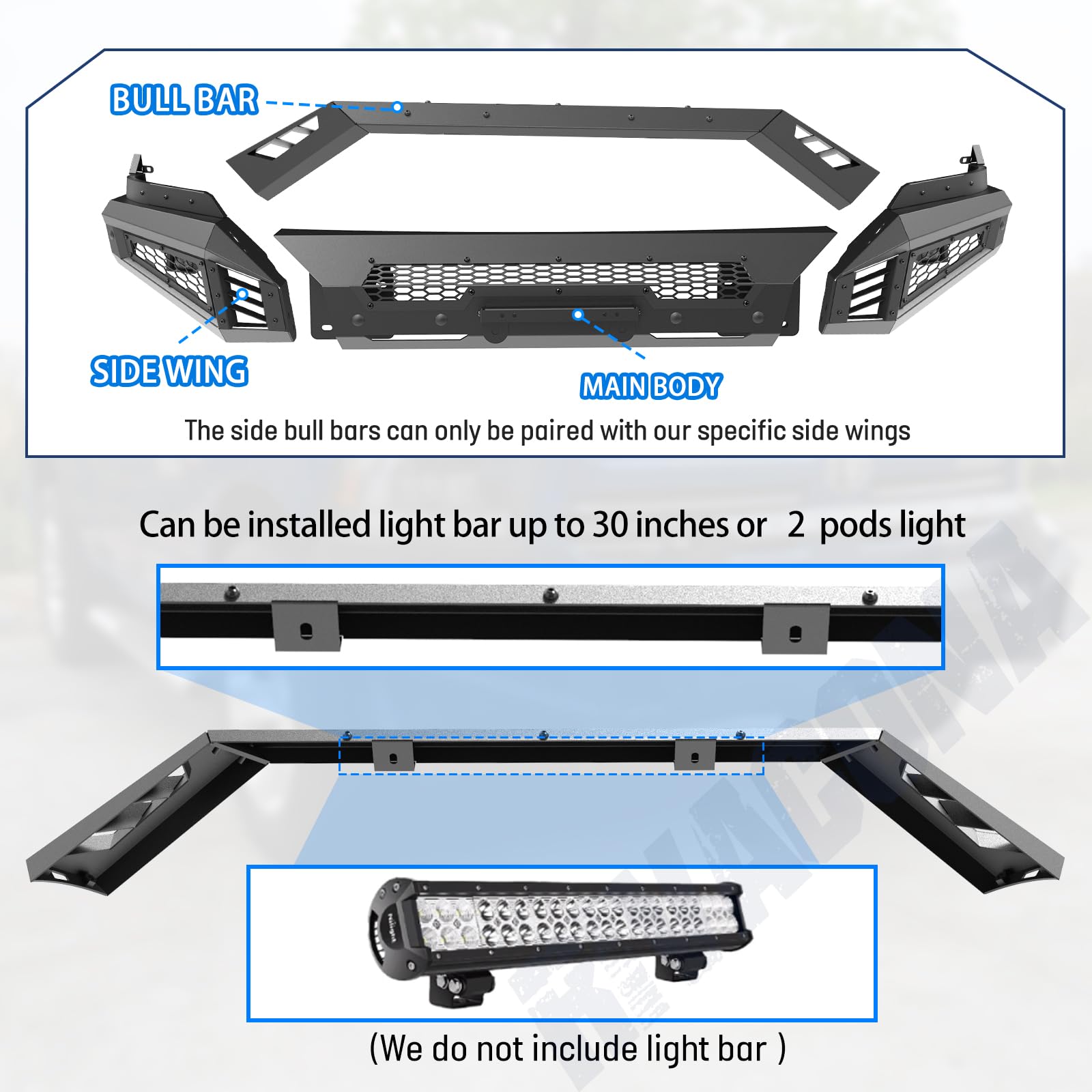 Hawkley Ram Front Bumper For 2013-2018 Ram 1500 Pickup Truck Exclude Rebel; For 2019-2023 Ram 1500 Classic Exclude Warlock; Offroad Bumper W/2X Led Light & Sensor Mounting Hole & Licence Plate Bracket