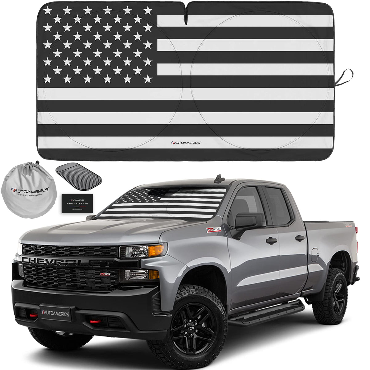 Autoamerics 1-Piece Windshield Sun Shade B&W American Flag Usa Patriotic Design - Foldable Car Fits Easily To Suv & Truck Vehicl