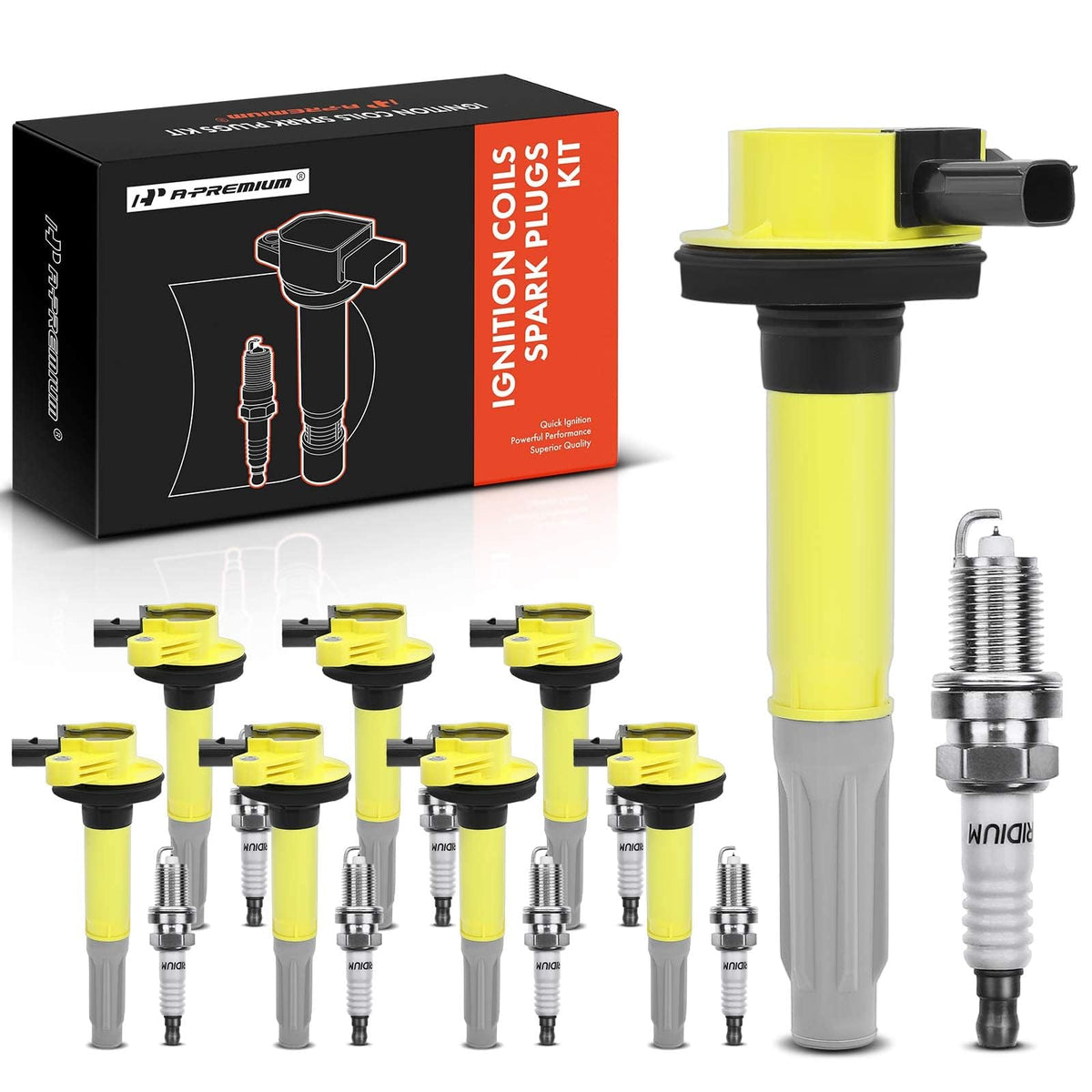 A-Premium (Yellow) Ignition Coils and Spark Plugs Kits Compatible with Ford F-150 2011-2016, Mustang 2011-2015, 5.0L 8-PC Set