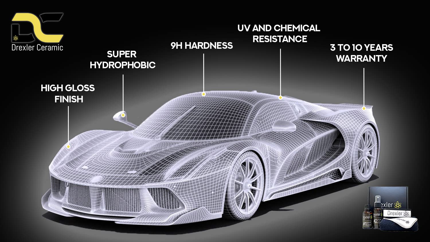 Drexler Ceramic Coating Kit 9H - Professional Grade, 3-5 Years Of Gloss & Protection For Cars, 9H Hardness, Extra Hydrophobic Co
