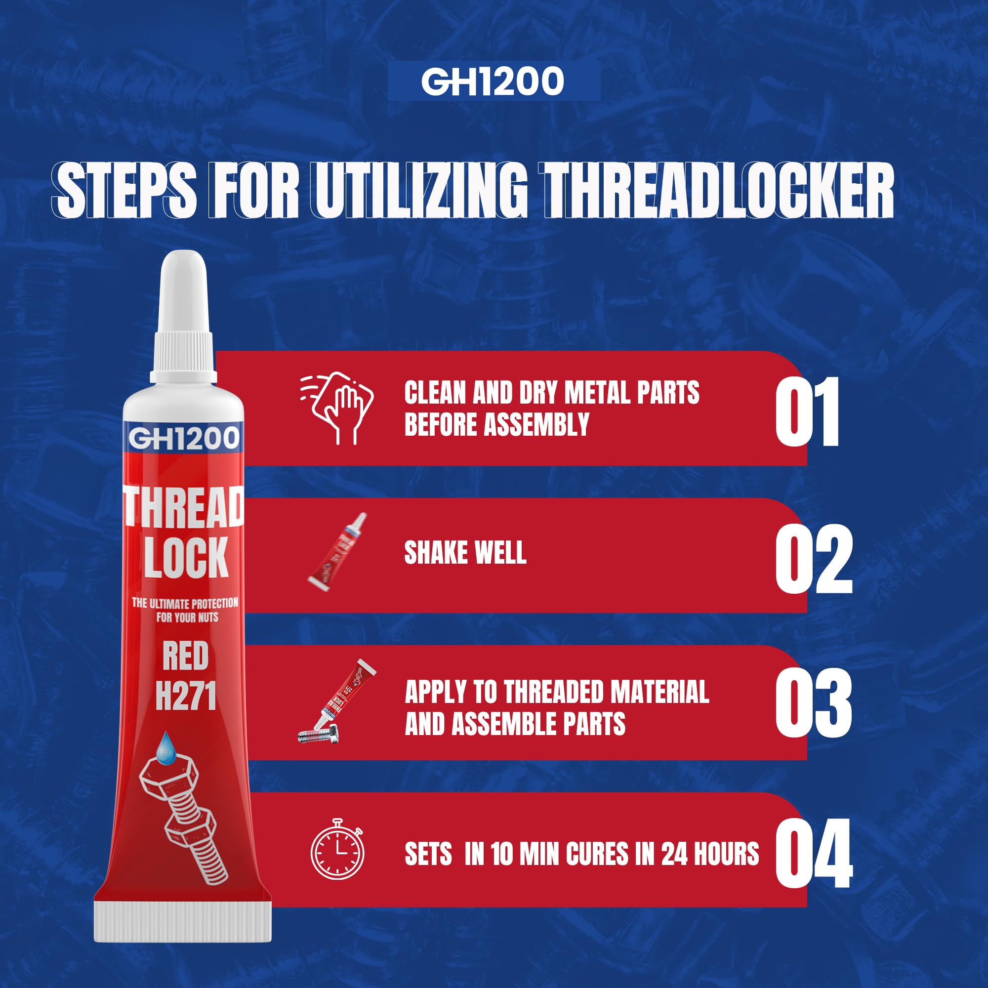 Gh1200-6 Gram X 2 Pack Red Thread Lock Strong Strength For Nuts, Bolts, And Metals - Threadlocker Lock Tight & Seal Fasteners Wi