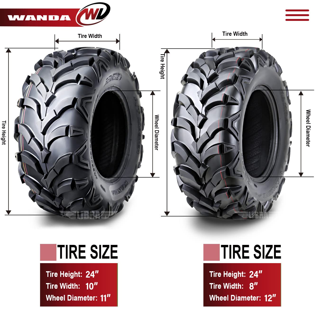 Wanda Set Of 4 New Atv/Utv Tires 24X8-12 Front & 24X10-11 Rear /6Pr P341-10151/10155