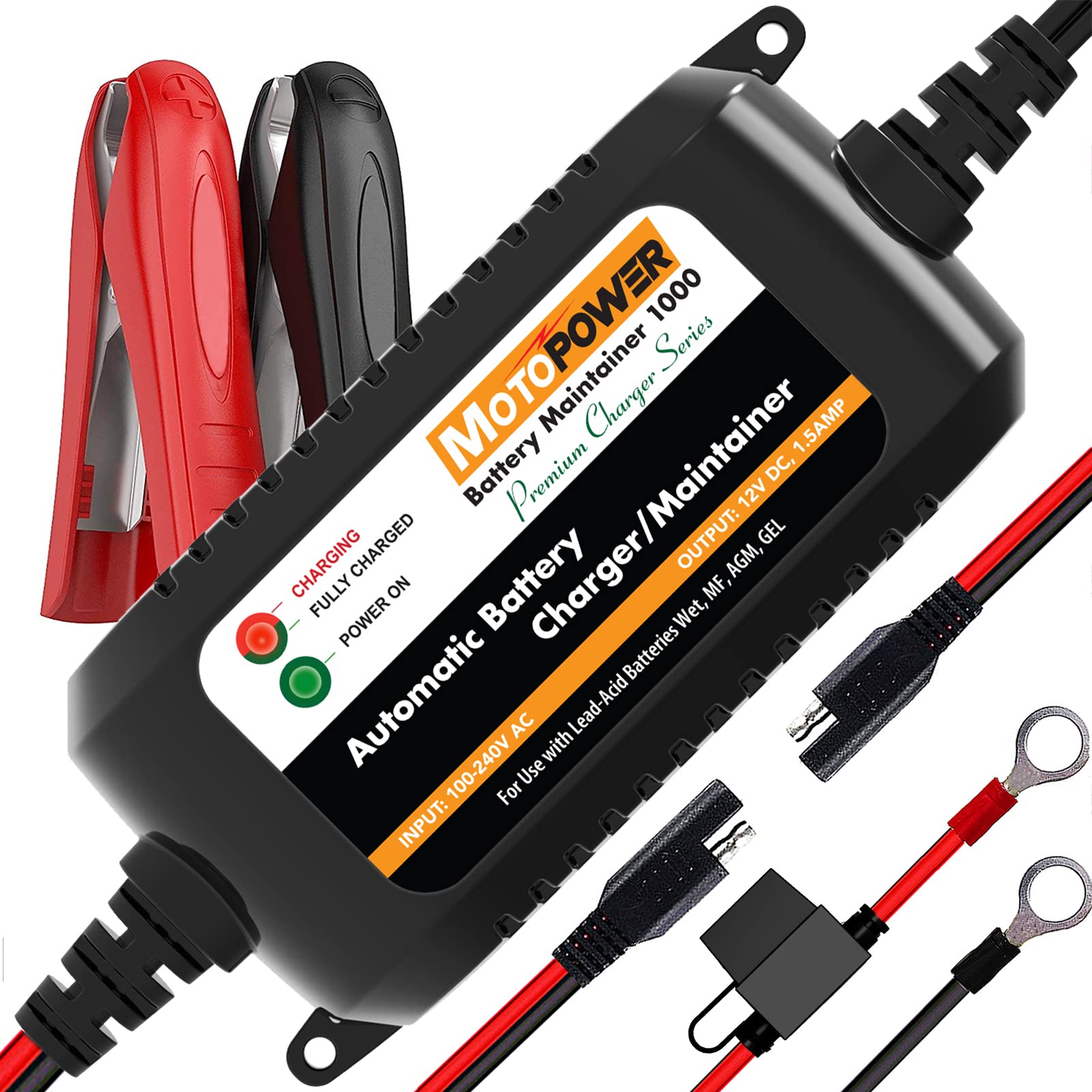 MOTOPOWER MP00206A 12V 1.5A Automatic Battery Charger & Maintainer for Cars, Motorcycles, RVs, ATVs, Boats - Smart & Eco-Friendly