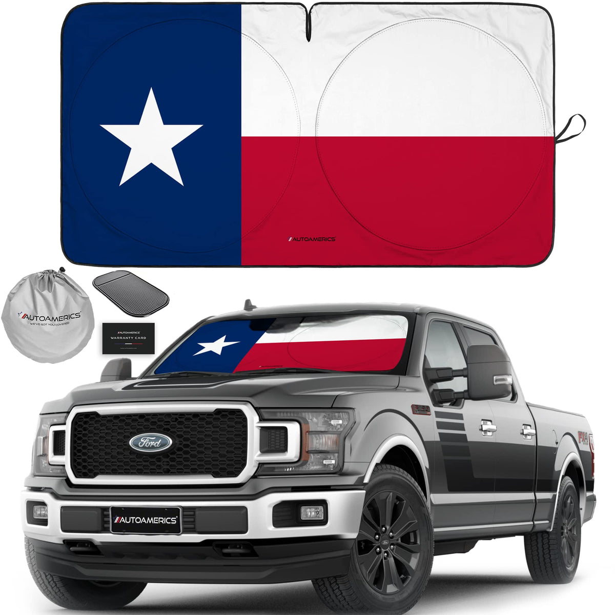 Autoamerics Truck Windshield Sun Shade With Storage Pouch & Anti-Slip Dash Pad - Foldable Usa Texas Flag Design - Fits Most Suvs
