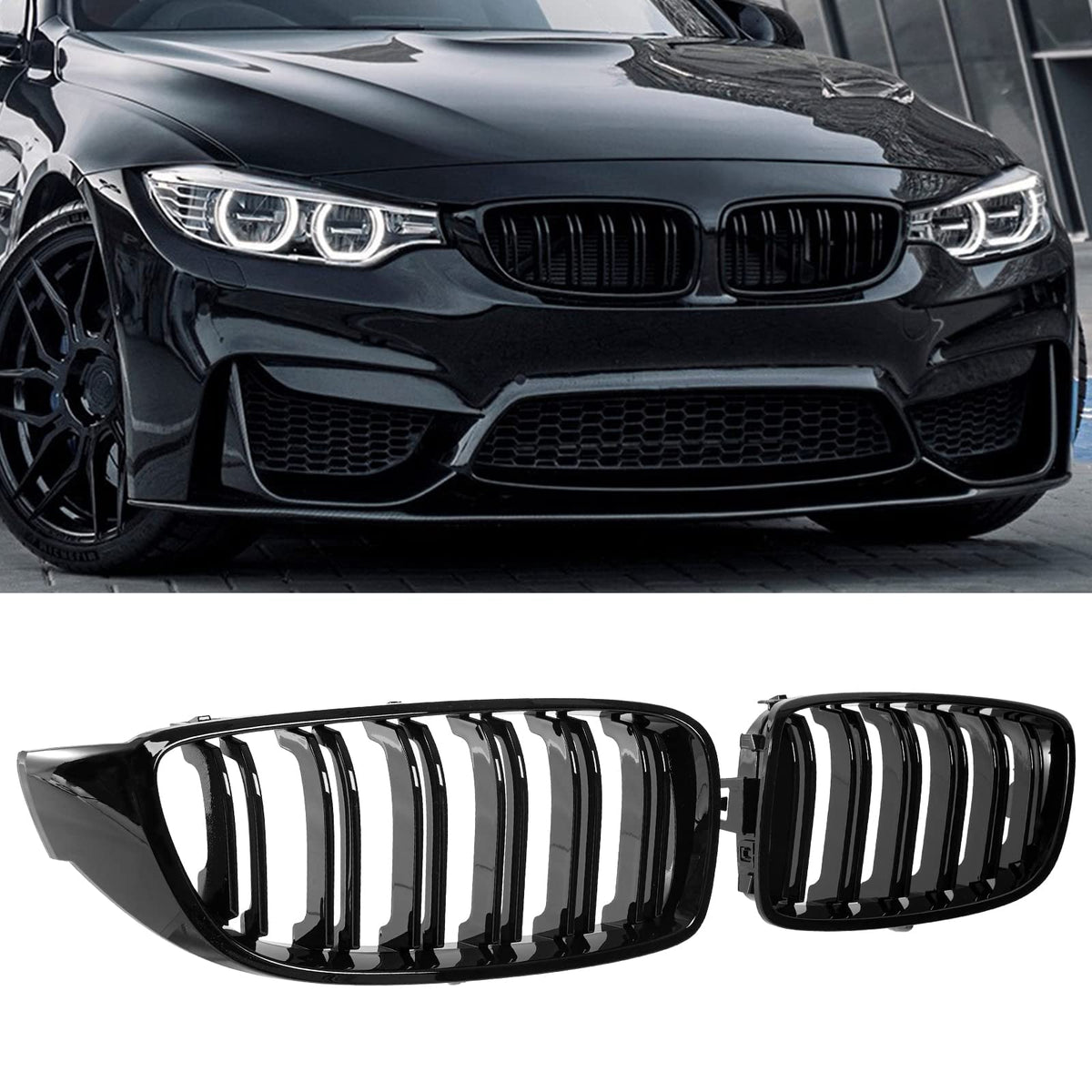 Dekewei F32 Grille,Front Kidney Grille Grill Compatible For 4 Series F32 F33 F36 (2014-2019) M3 F80 M4 F82 (2015-2019) (Double Slats Gloss Black Grills, 2Pcs)