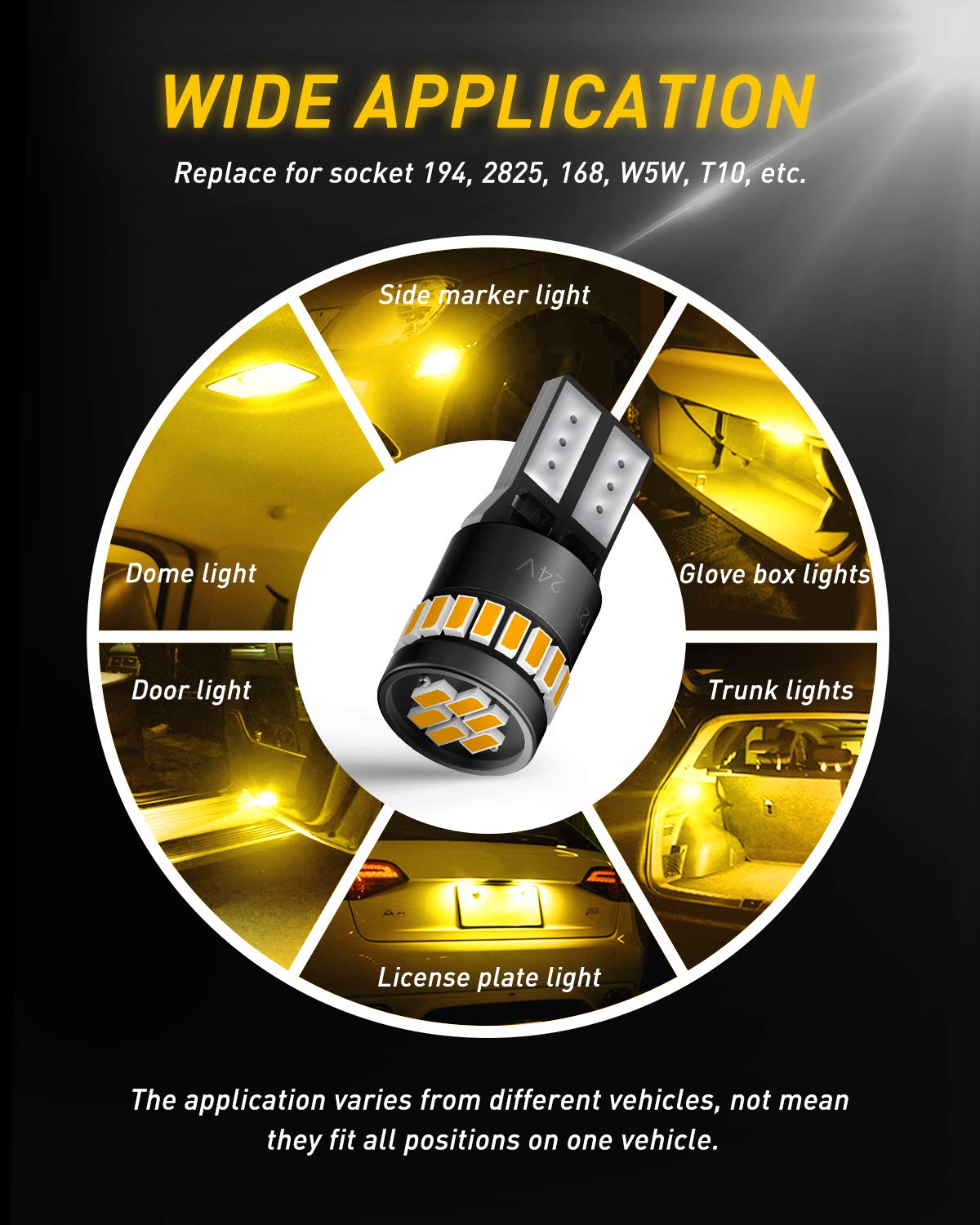 Auxito 194 Led Bulb Amber Yellow 168 2825 W5W T10 Wedge 24-Smd 3014 Chipsets Replacement Bulbs For Car Dome Map License Plate Co