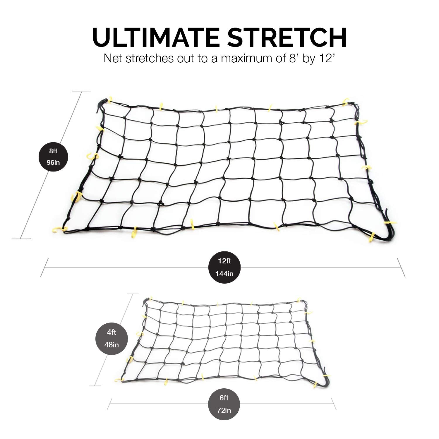 Neiko 50971A 4'X6' Super Duty Small Cargo Net Bungee Cargo Net, 16 Pcs Detachable Hooks, 4 Carabiners, Small 4''X4'' Mesh Protec