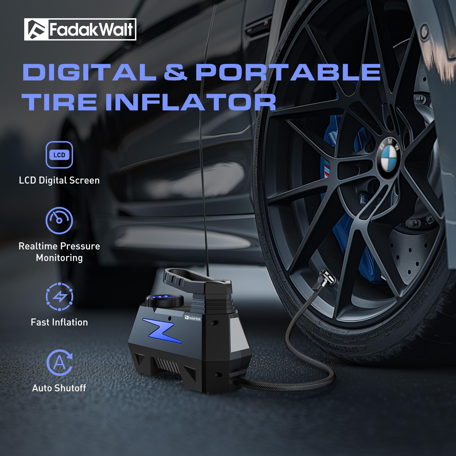 Fadakwalt Tire Inflator Portable Air Compressor, Dc 12V Tire Air Pump With Led And 150Psi Digital Pressure Gauge, Portable Tire