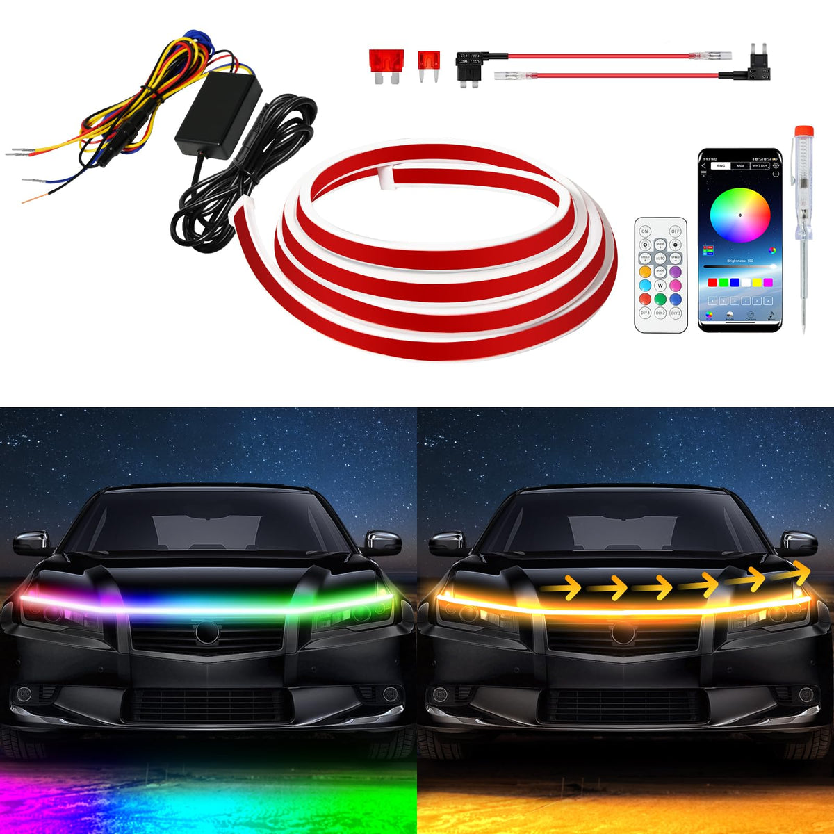 Exterior Car Led Hood Light Strip,Rgb Multicolor Dynamic Scan Start Up Hoodbeam Kit With App & Remote Control, 12V Updated Water