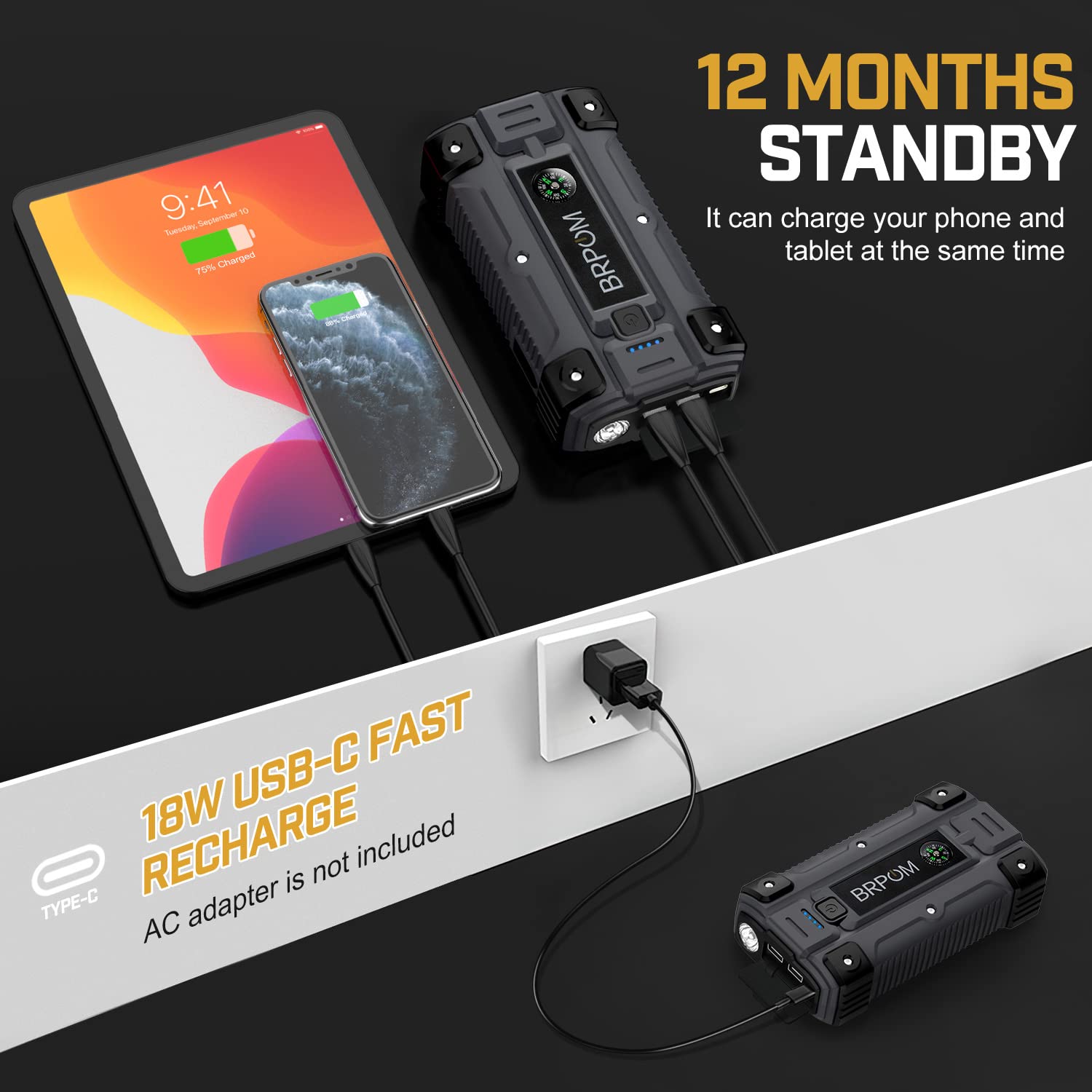 BRPOM Car Jump Starter 5000A Peak, 23800mAh, 12V Auto Booster for Gas & Diesel Engines - Quick Charger & Smart Jump Cables