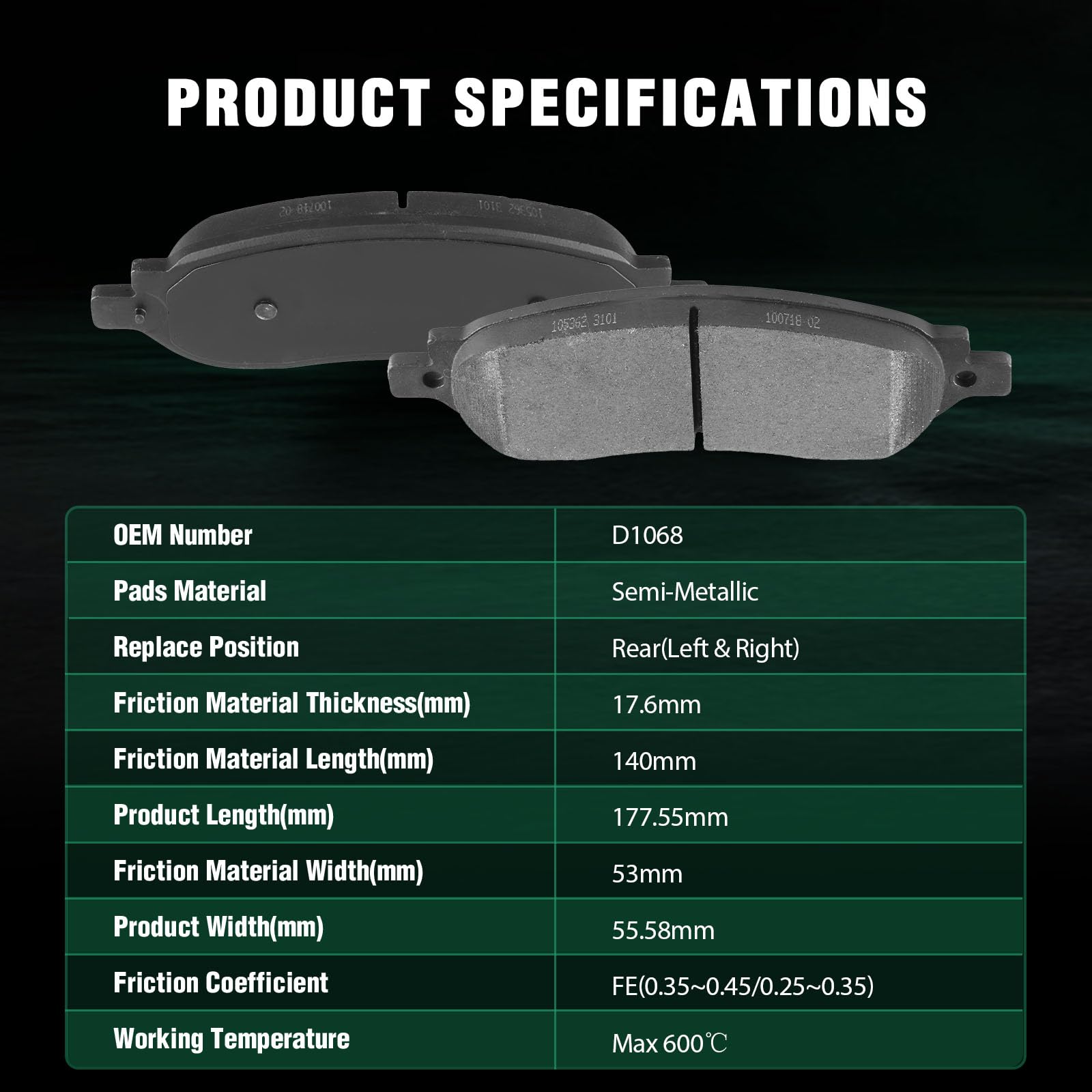 Automuto 4Pcs Rear Semi-Metallic Disc Brake Pads Set D1068 For Ford For F-250 Super Duty 2005-2007, For Ford For F-350 Super Dut