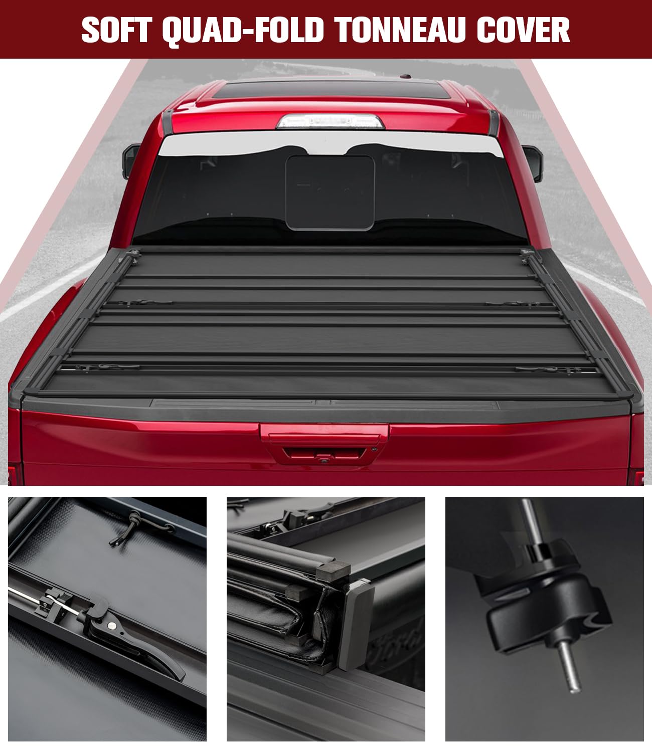 Kikito Vinyl Soft Quad-Fold Truck Tonneau Cover For 2016-2025 Tacoma 6Ft(73.7In) Bed |For Models With Or Without The Deck Rail S