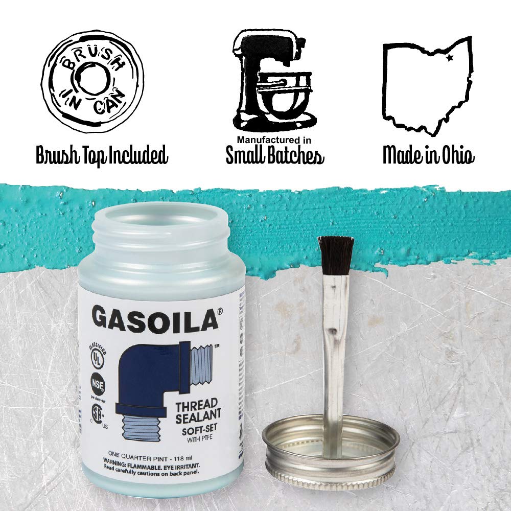 Gasoila Soft-Set PTFE Pipe Thread Sealant – Non-Hardening Paste for Metal & Plastic, 1/2 Pint with Brush Cap – Reliable Leak Prevention, Drip-Resistant, Temp Range -100 to 600°F, Made in USA
